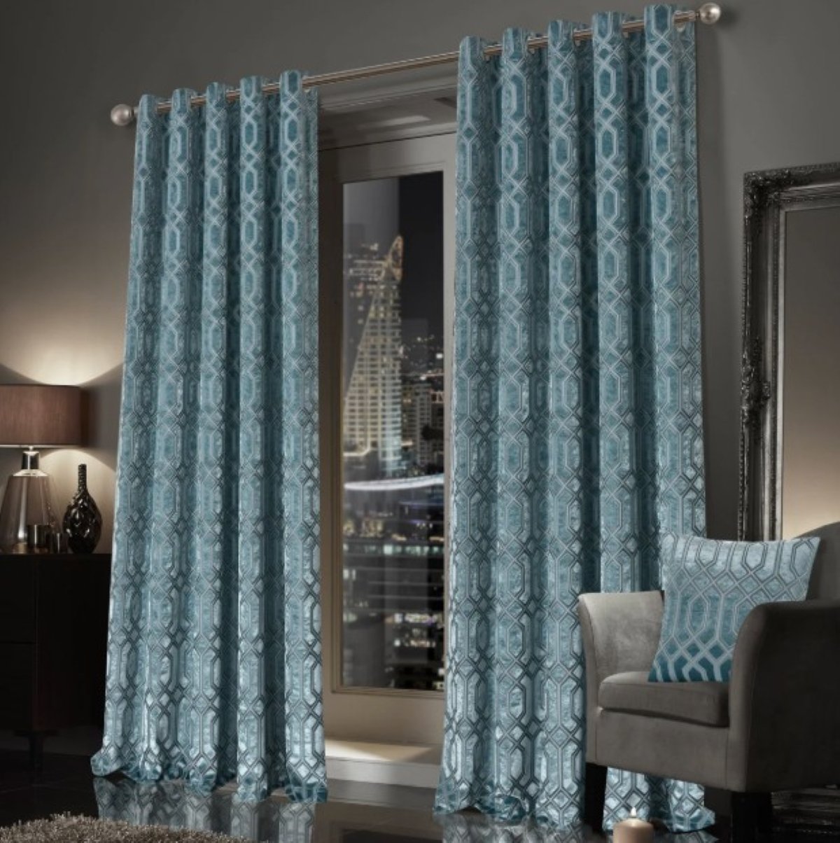 New Edge Blinds Teal Luxe Geo Velvet Eyelet Curtains - 167cm x 229cm