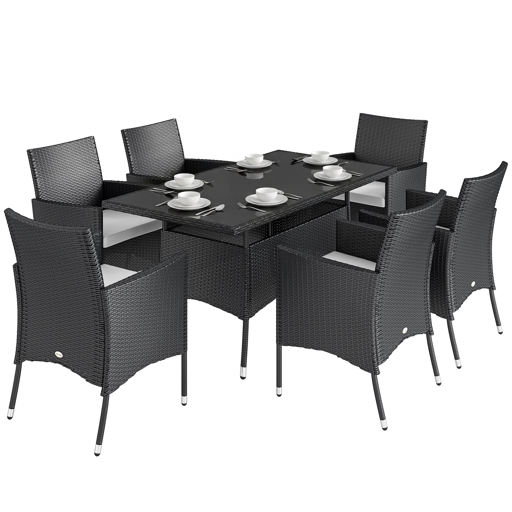 Outsunny 7 Piece 6 Seater Rattan Furniture Set with Cushions - Black