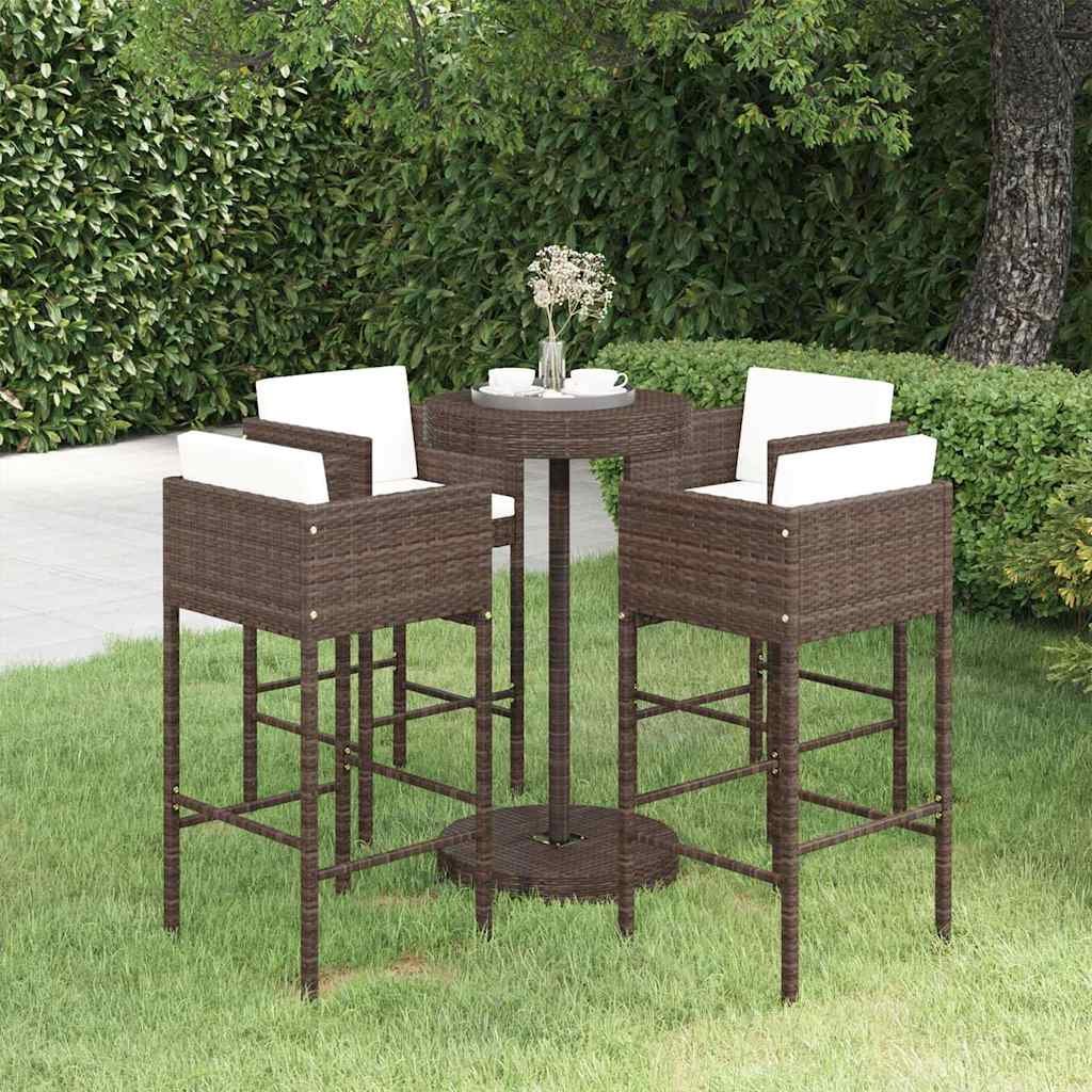 Walplus 5 Piece Poly Rattan With Cushions Garden Bar Set - Brown - 75.5 x 106 cm