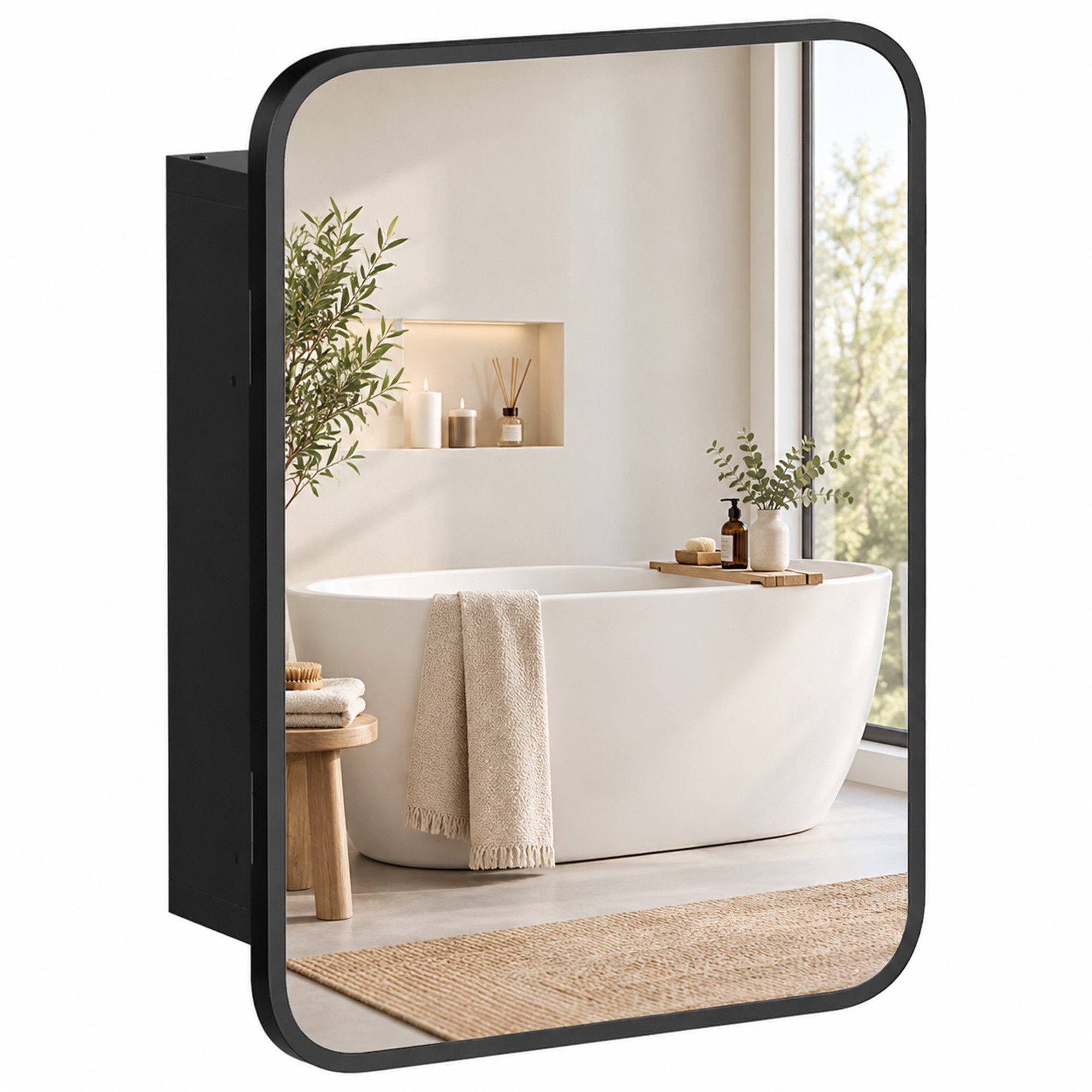HOMCOM SPC Composite Plastic Adjustable Shelf Bathroom Mirror Cabinet – Black