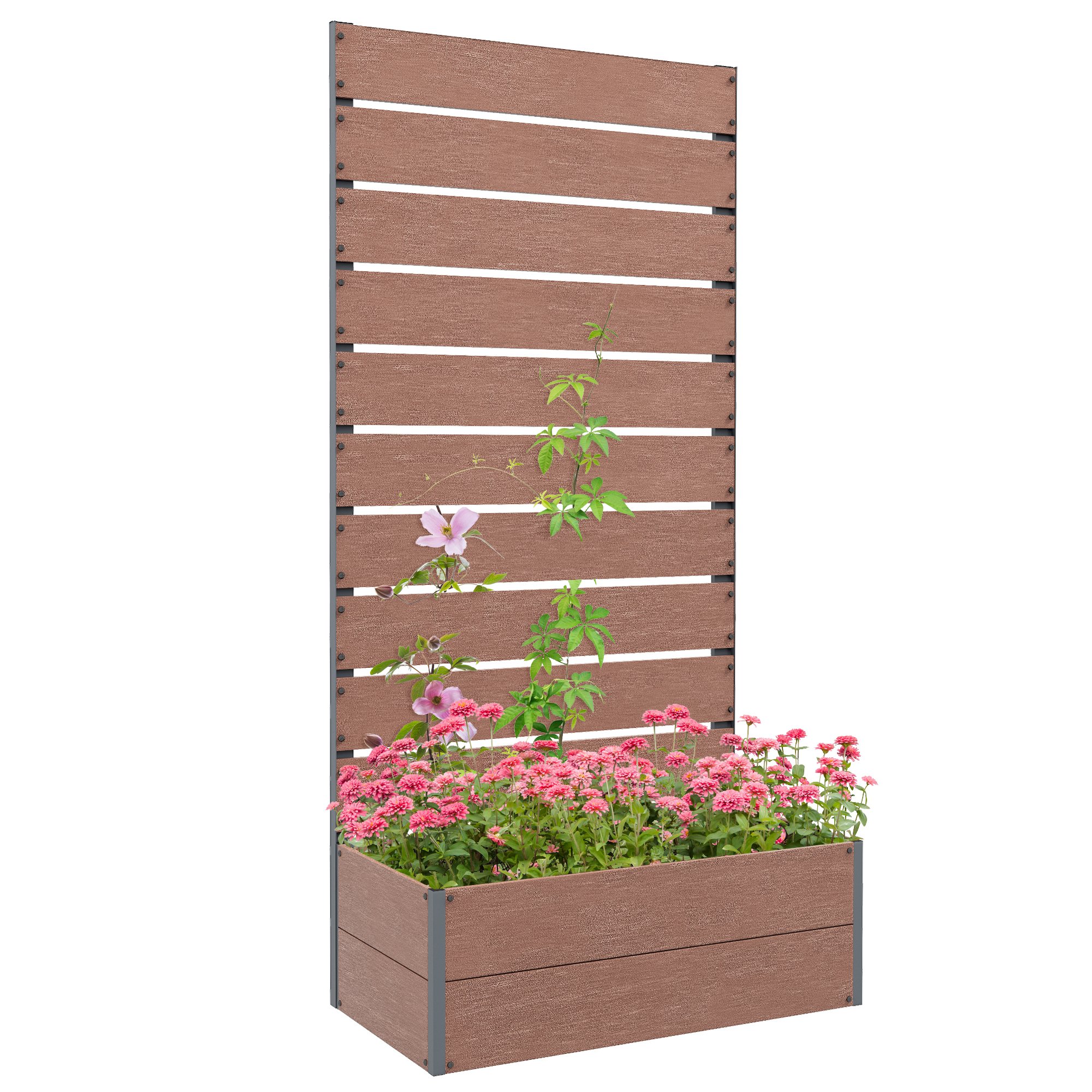 Outsunny Freestanding Garden Raised Planters with Trellis - Brown