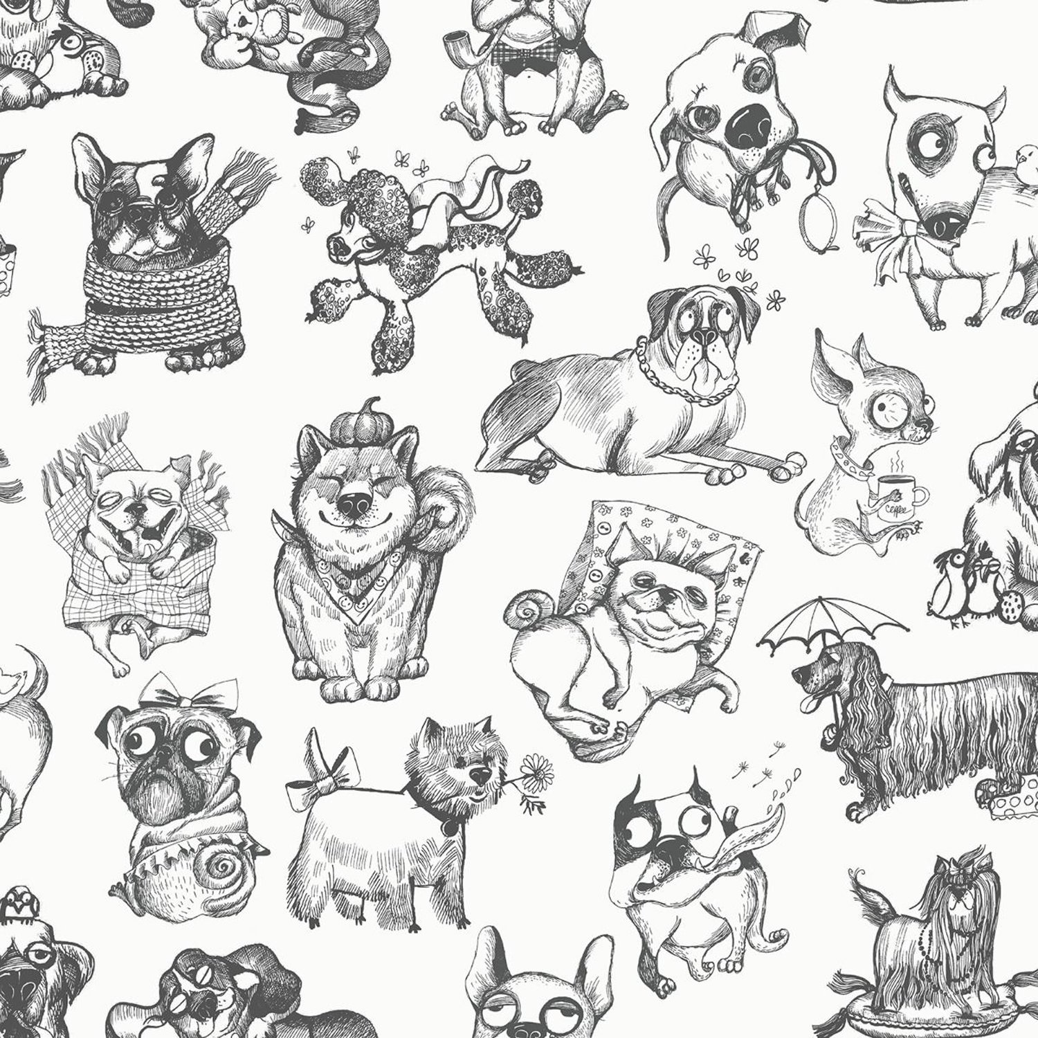 Muriva Pooches Mono Wallpaper - Black & White