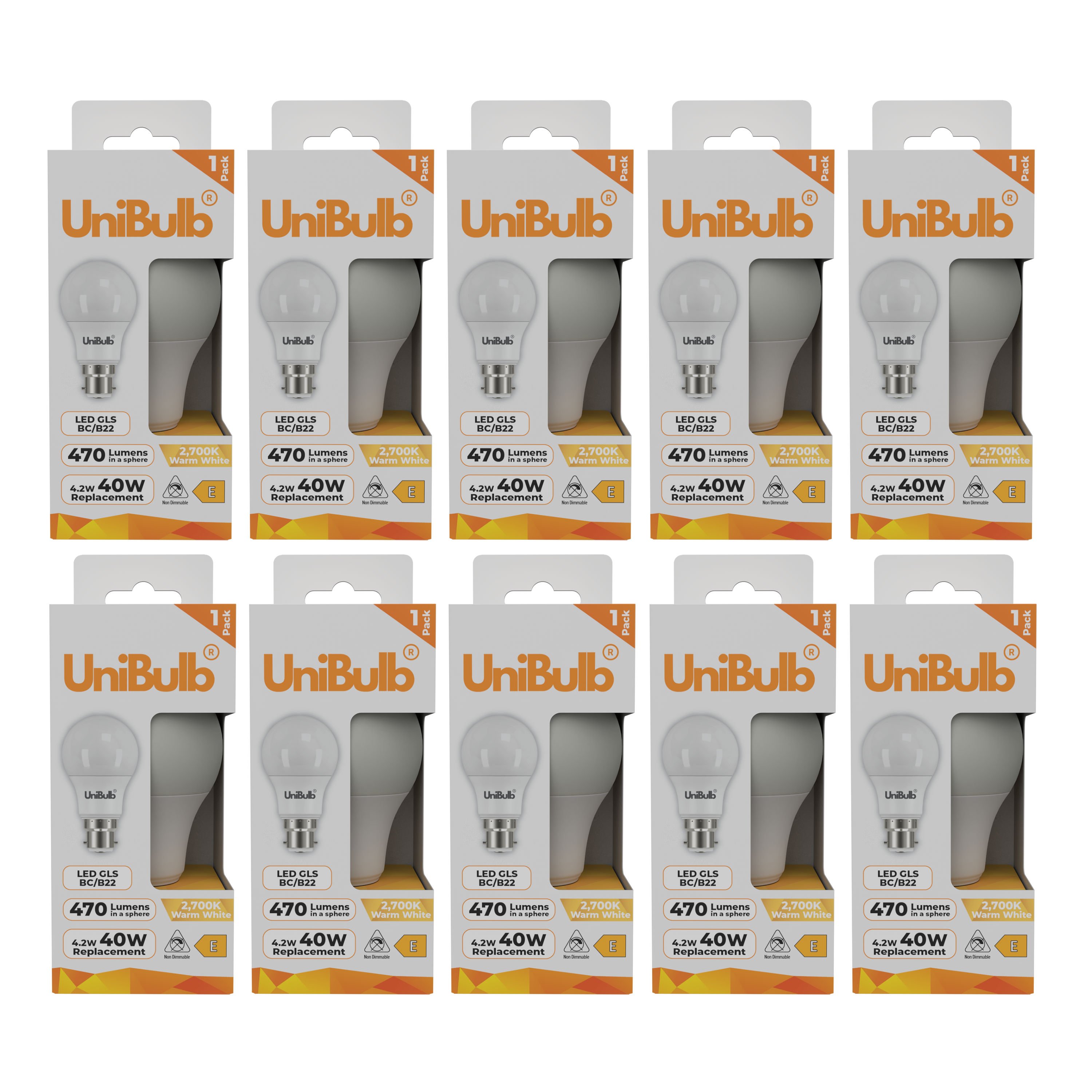 UniBulb 4.2W LED Warm White GLS B22 Light Bulb - Pack of 10