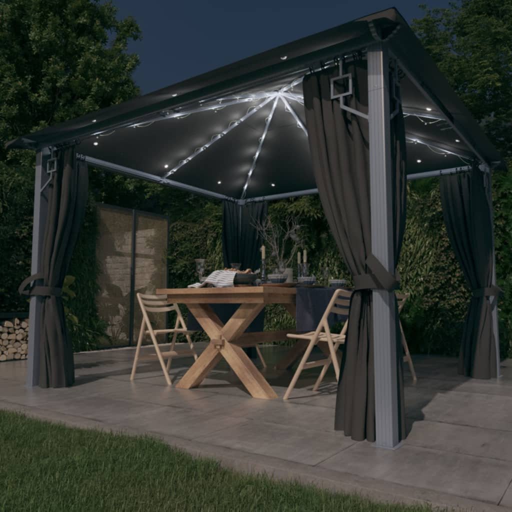 Walplus 3 x 3 m Aluminium Gazebo with Curtain and LED Lights - Anthracite
