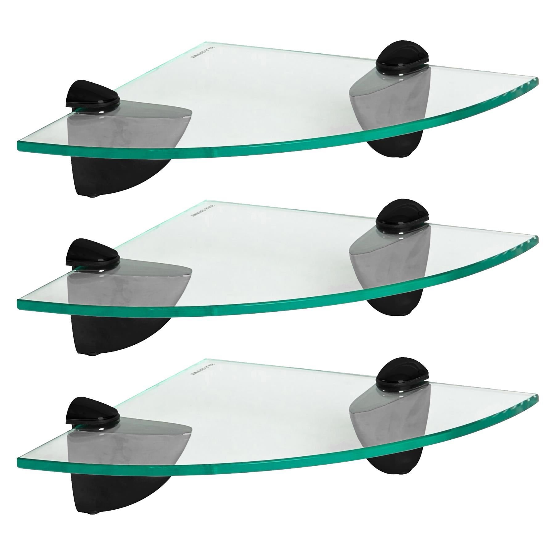 Harbour Housewares Floating Glass Bathroom Corner Shelves - 3xBlack - 20 x 20cm