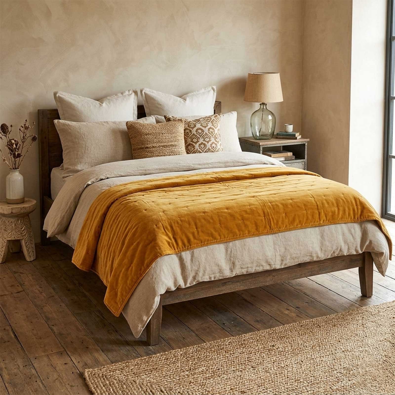 Homescapes Cotton Velvet Quilted Throw - 150 x 200 cm - Mustard