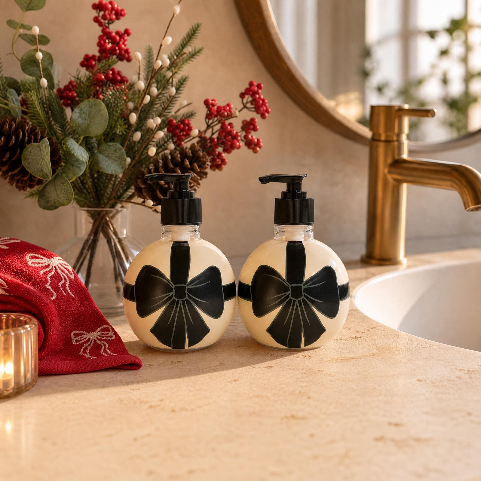 OHS 2 Pack Christmas Bow Bauble Soap Dispensers - Black