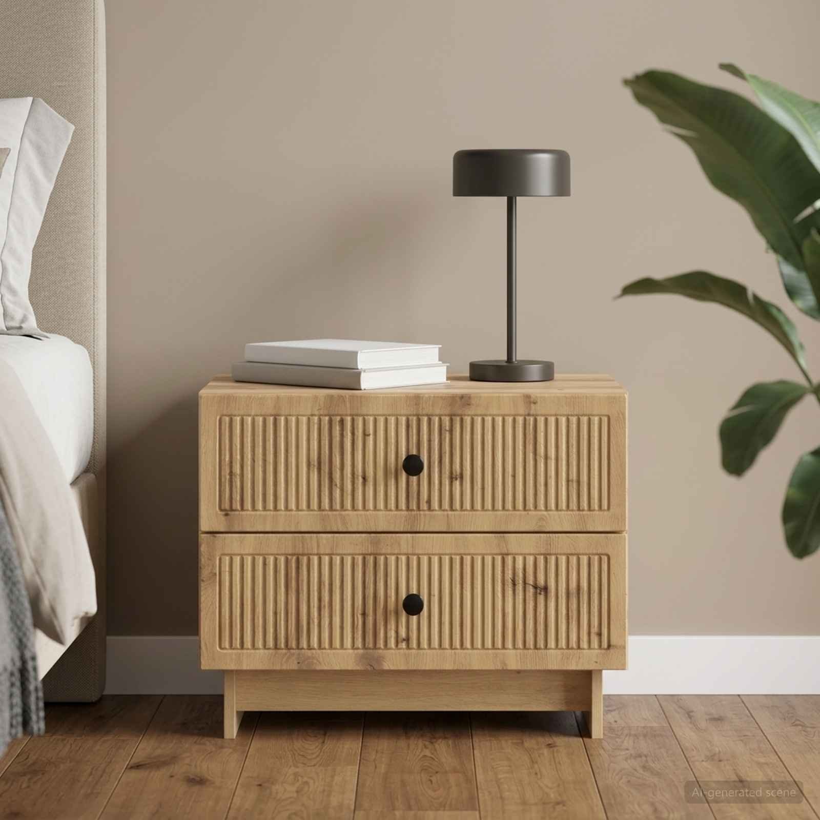 Walplus 2 Drawer Bedside Cabinet - Oak - 62 x 34.5 x 47.5 cm