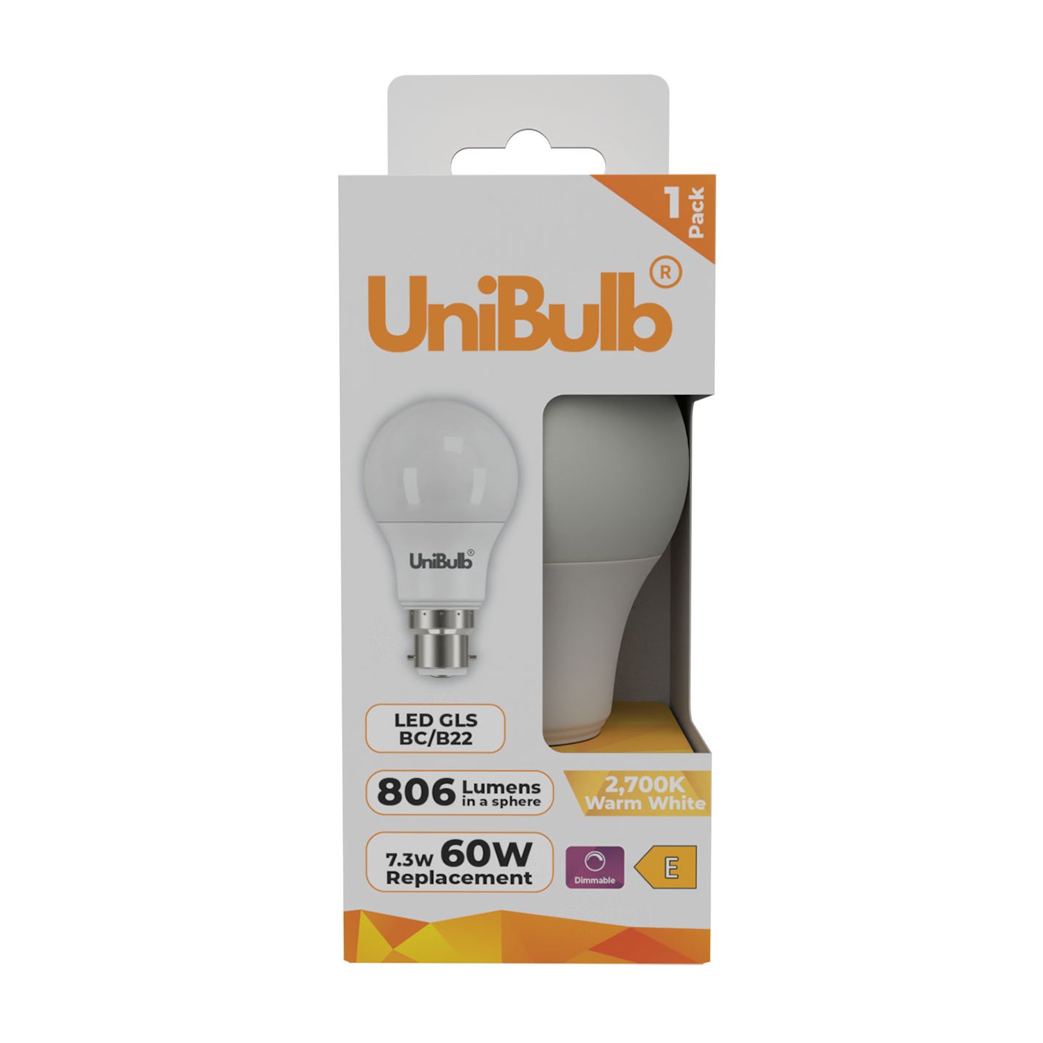 UniBulb 7.3W LED Warm White Dimmable GLS B22 Light Bulb