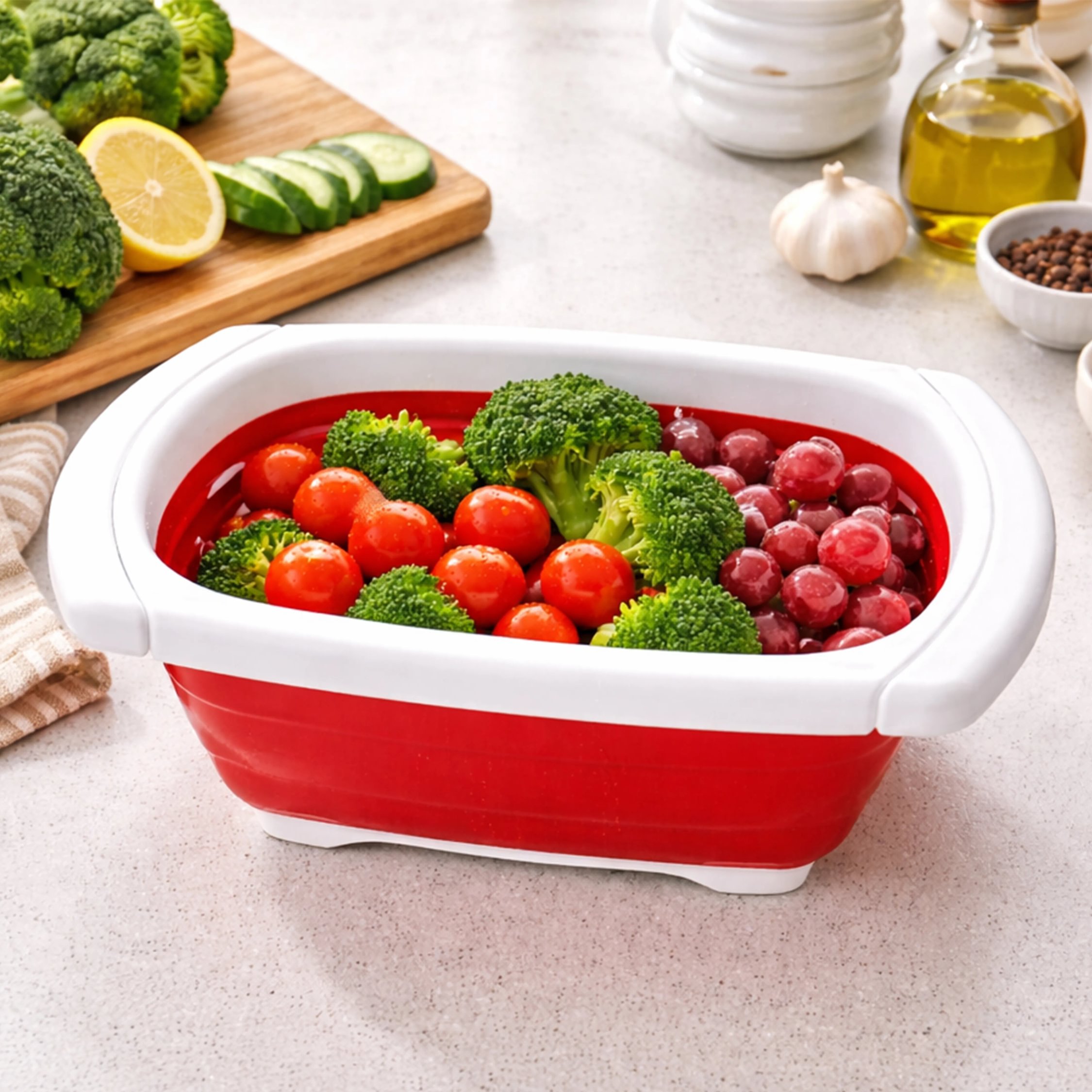 Orsina Zing Over-Sink Collapsible Colander – Red and White