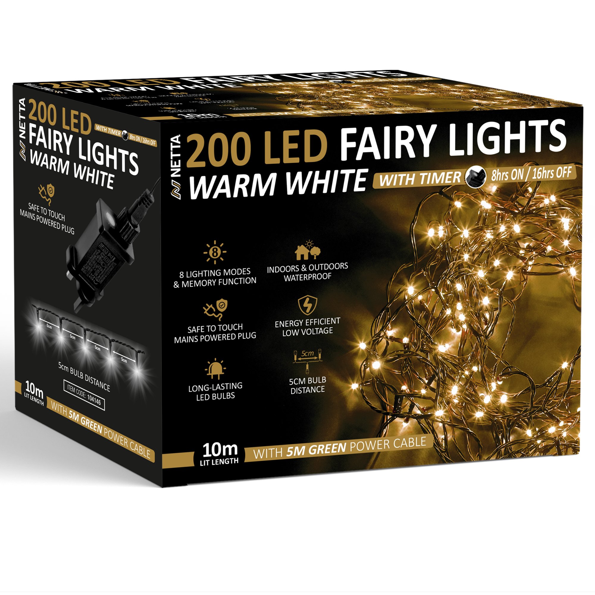 NETTA 200 LED 10m Christmas Fairy String Lights with Timer - Warm White