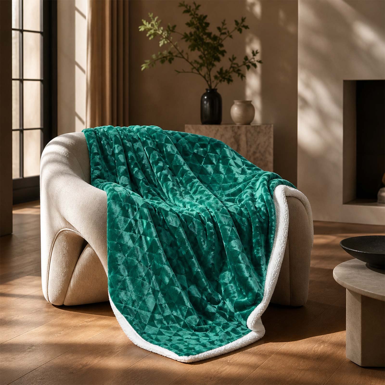 Homescapes Geometric Triangle Velvet Throw - 130 x 160 cm - Emerald Green