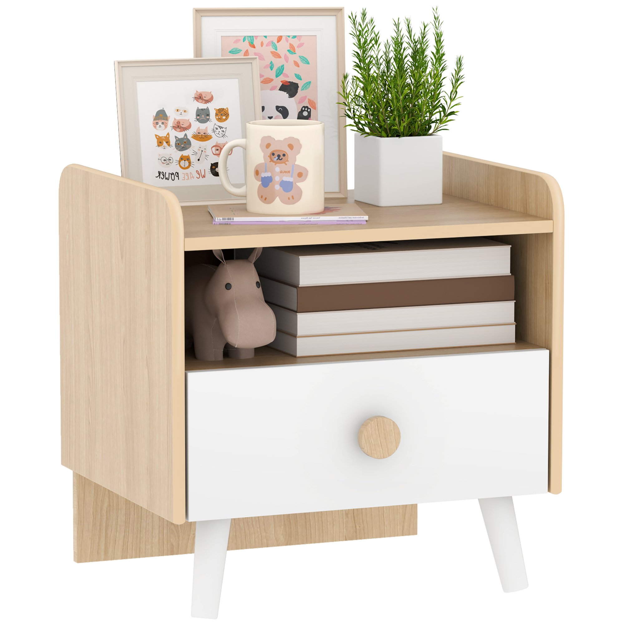 AIYAPLAY Children's MDF and Pine Drawer and Shelf Bedside Table – Natural