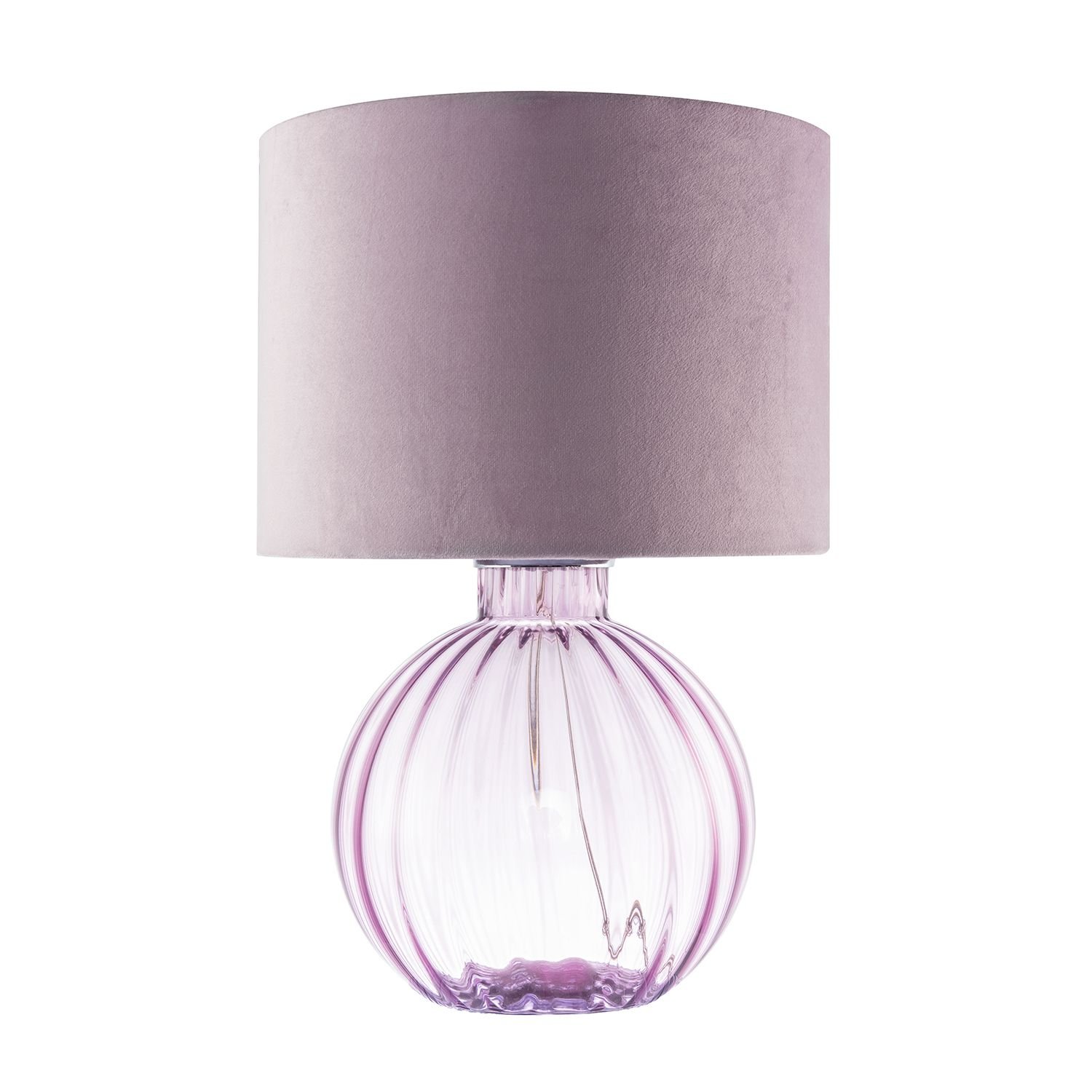 Happy Homewares Lilac Ribbed Glass with Velvet Fabric Table Lamp - 28cm