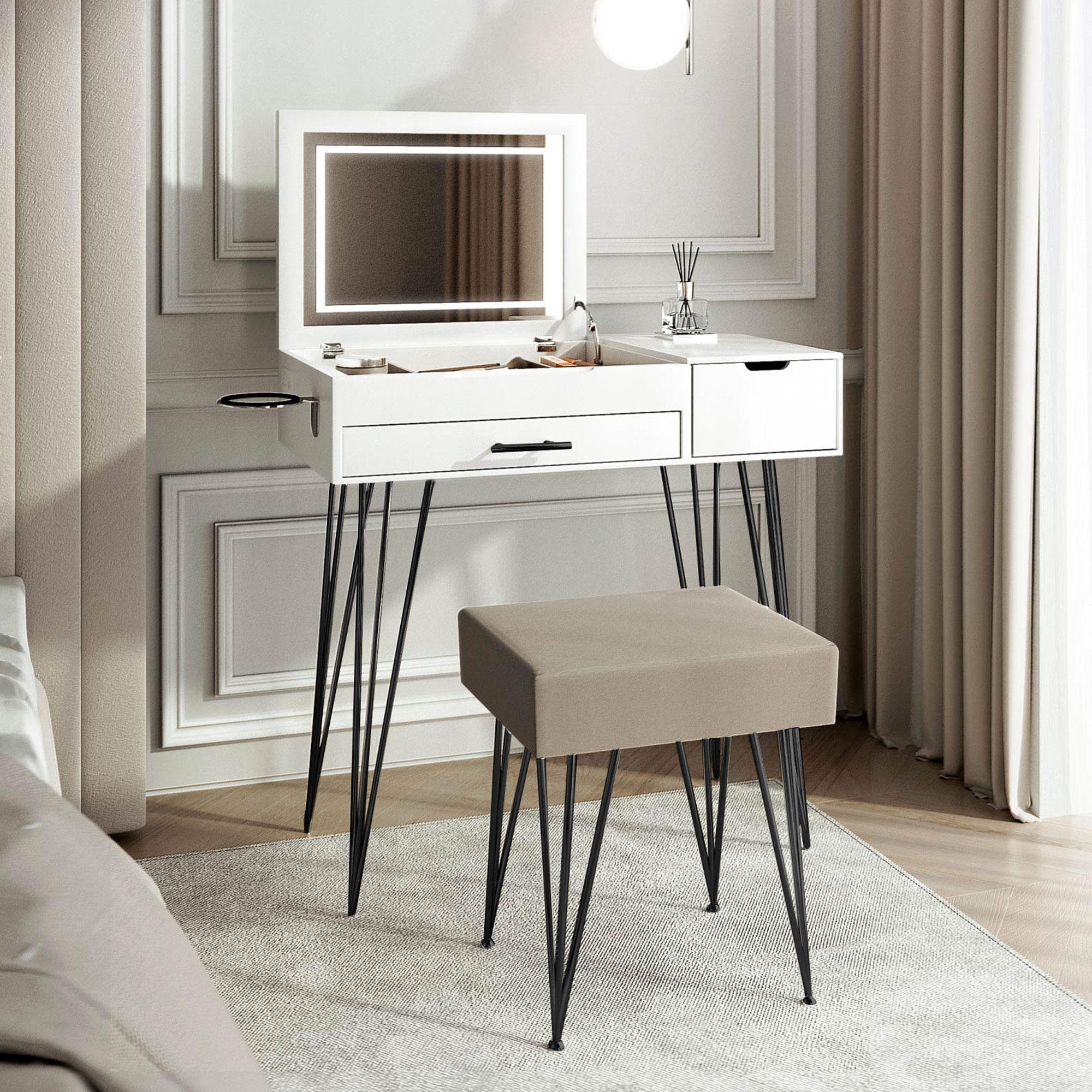 CARME Home Emilie Flip Top LED Mirror Dressing Table - White/Black