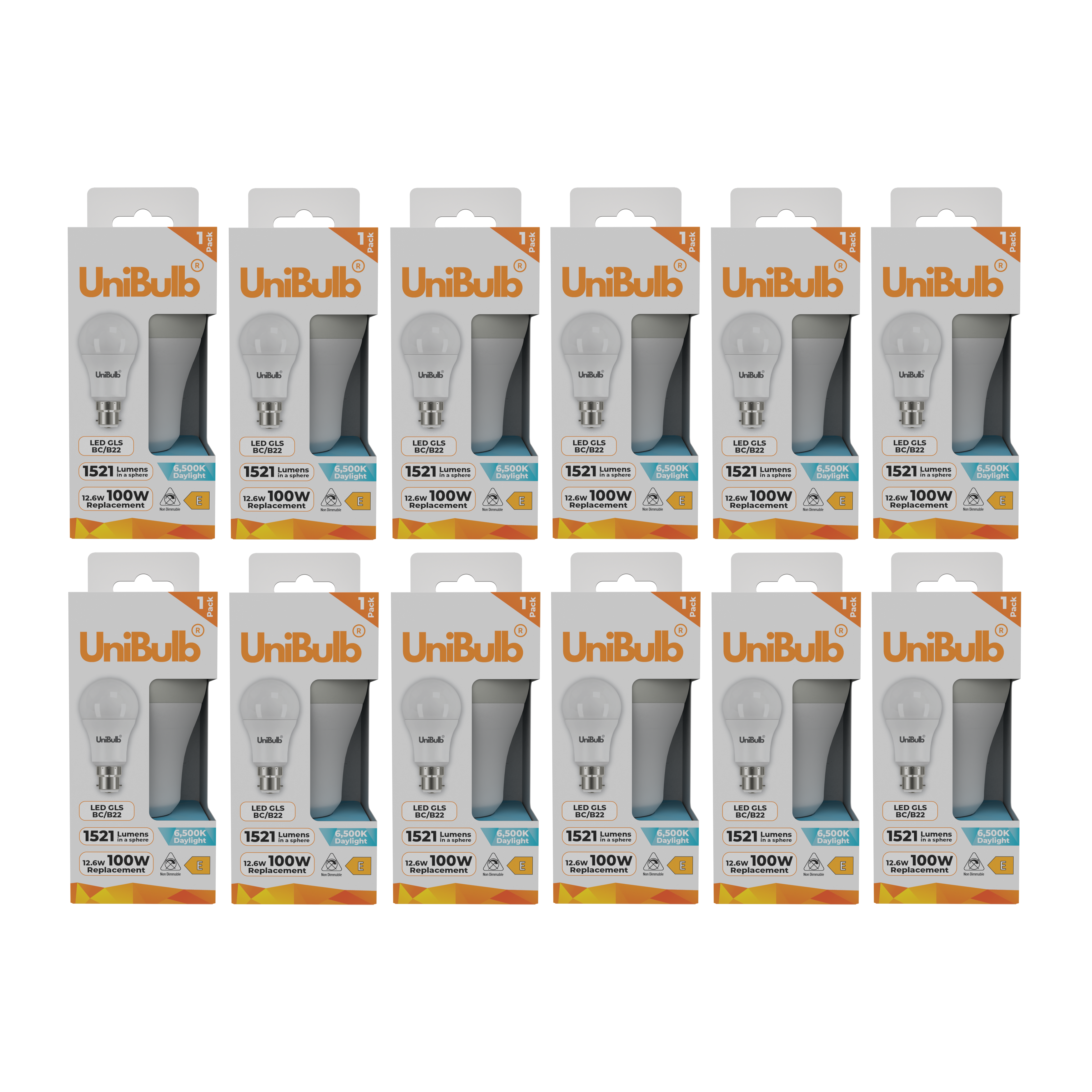 UniBulb 12.6W LED Daylight GLS B22 Light Bulb - Pack of 12