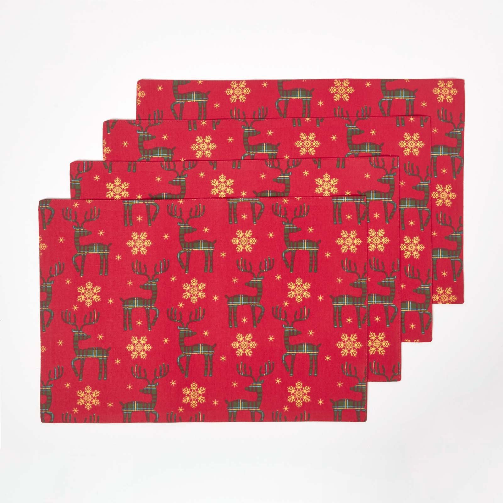 Homescapes Pack of 4 Christmas Reindeer Placemats - Red