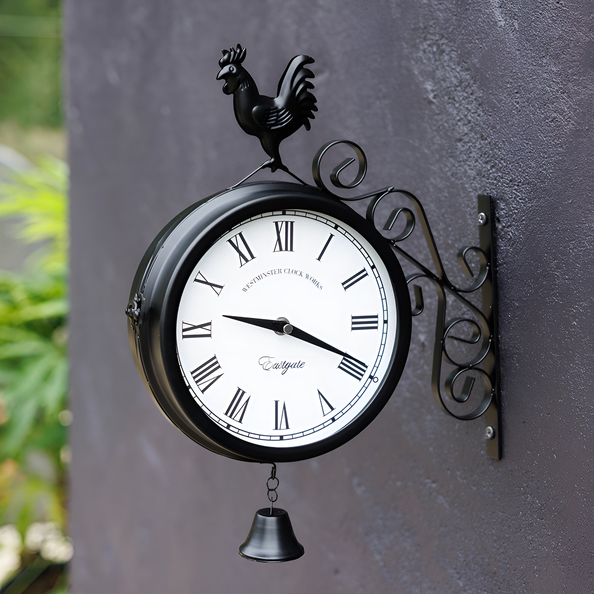 Primrose Double Sided 37cm Station Clock with Bell & Cockerel - Black