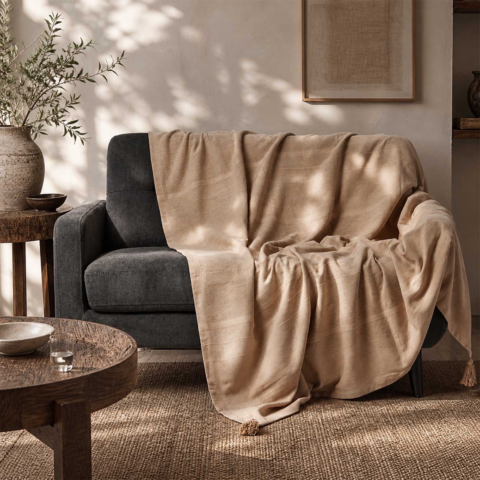 Homescapes Cotton Rajput Ribbed Throw - 225 x 255 cm - Beige