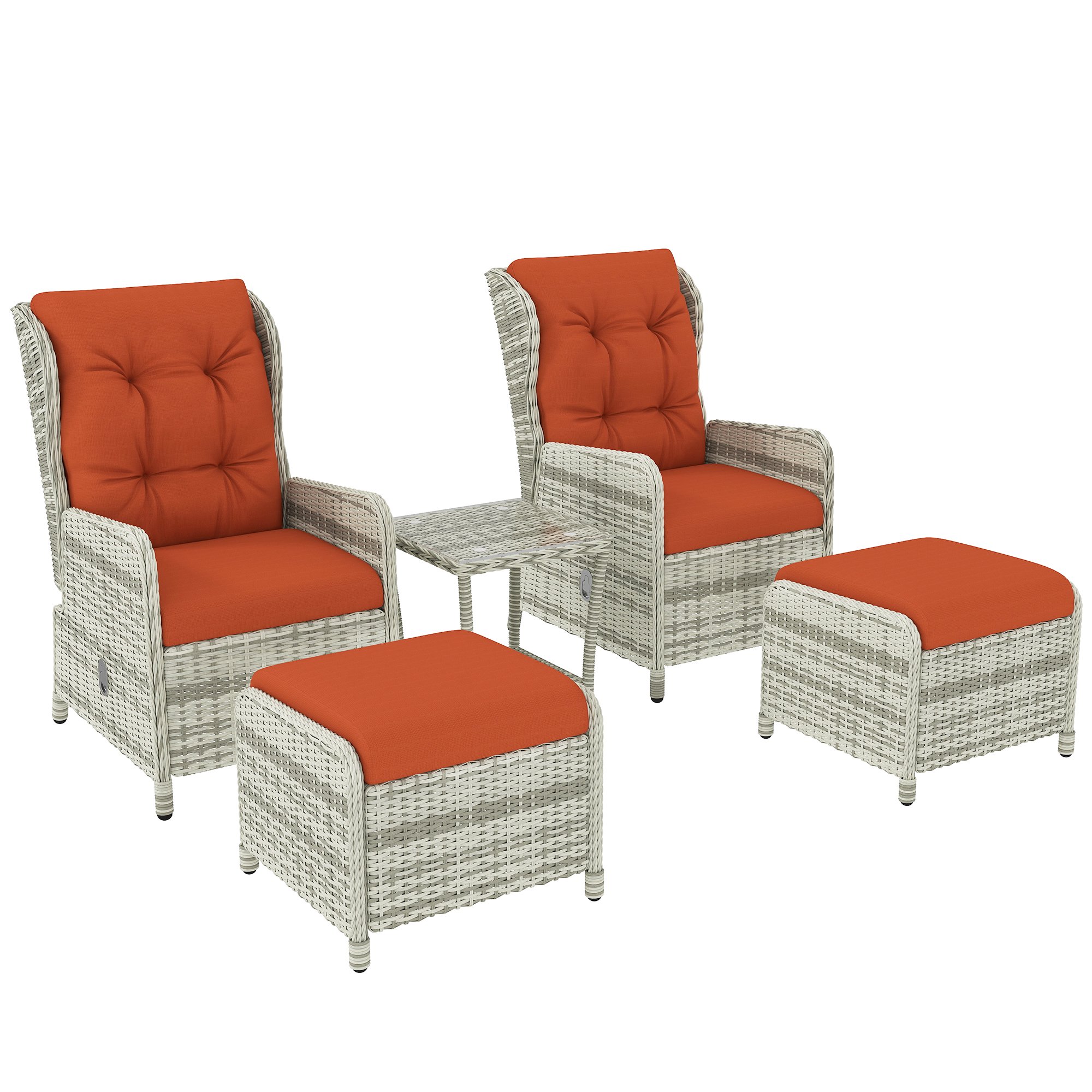 Outsunny 5 Piece Rattan Adjustable Reclining Garden Bistro Set - Orange