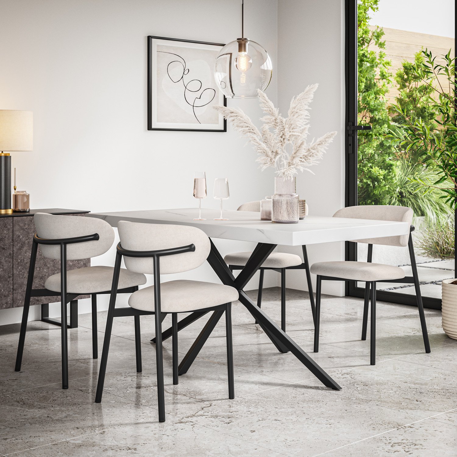 Furniture Online Donni Marble Effect Dining Table & 6 Myla Beige Chairs