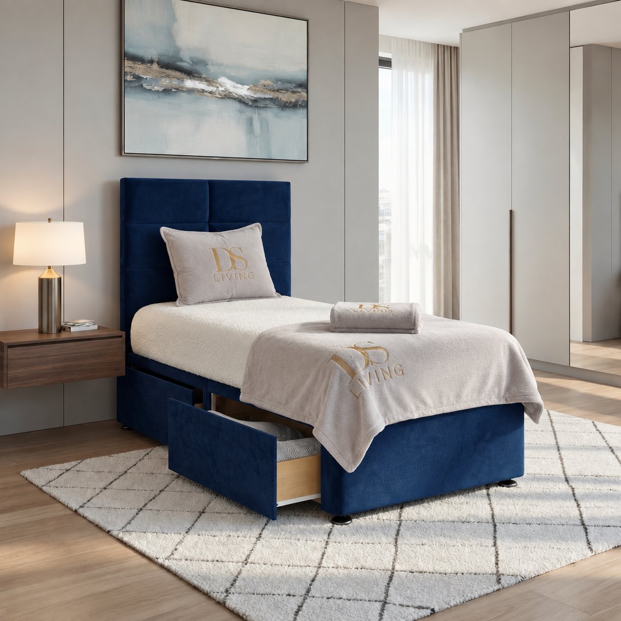 DS Living Opal Single 2 Drawer Upholstered Divan Bed Frame - Dark Blue