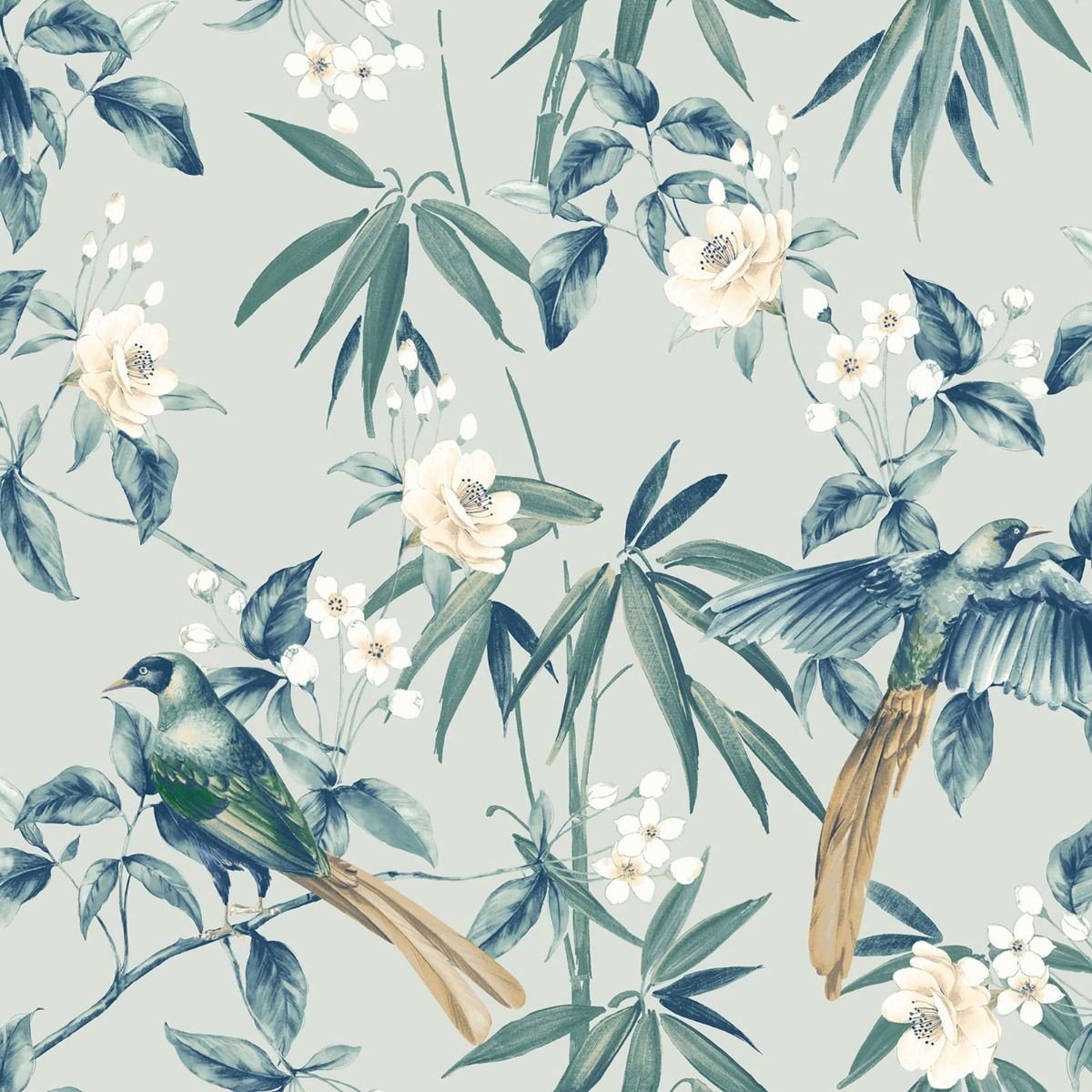 Arthouse Oriental Floral Birds Wallpaper - Grey & Blue