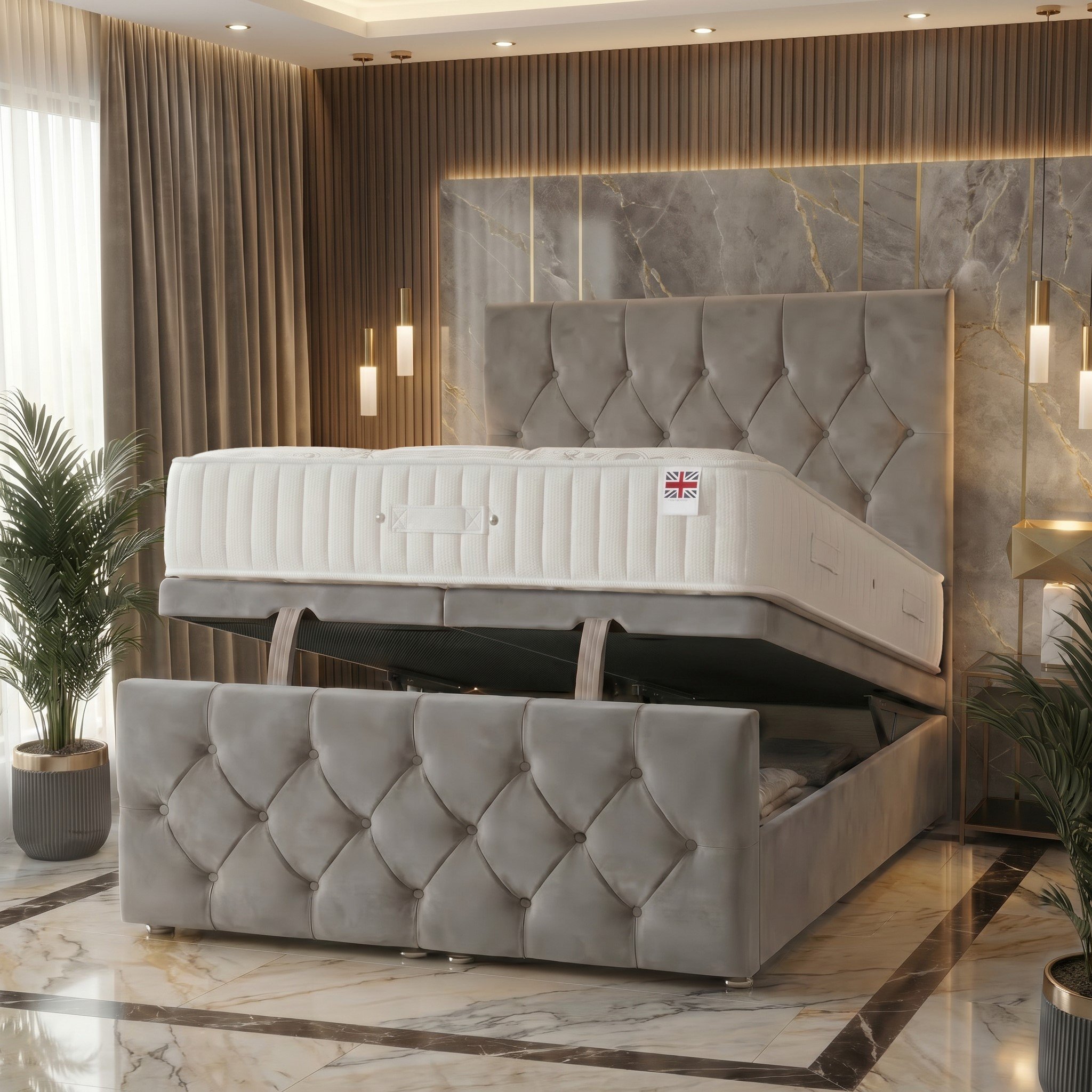 Somnior Chester Velvet Super King Ottoman Bed with Ortho Mattress - Silver