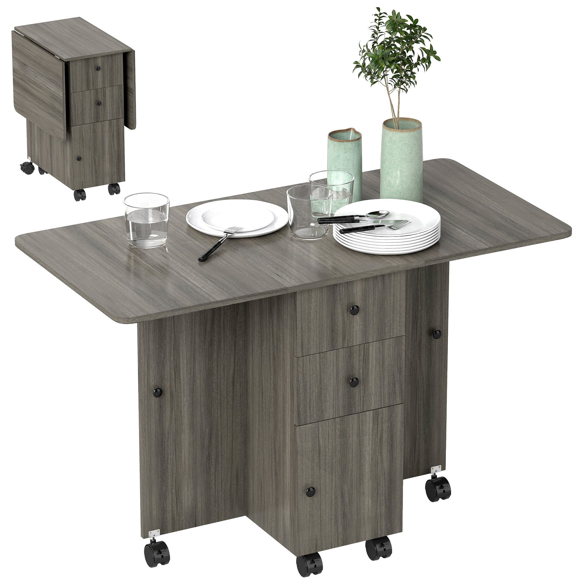 HOMCOM Rolling Drop Leaf Table on Wheels with Drawers - Grey
