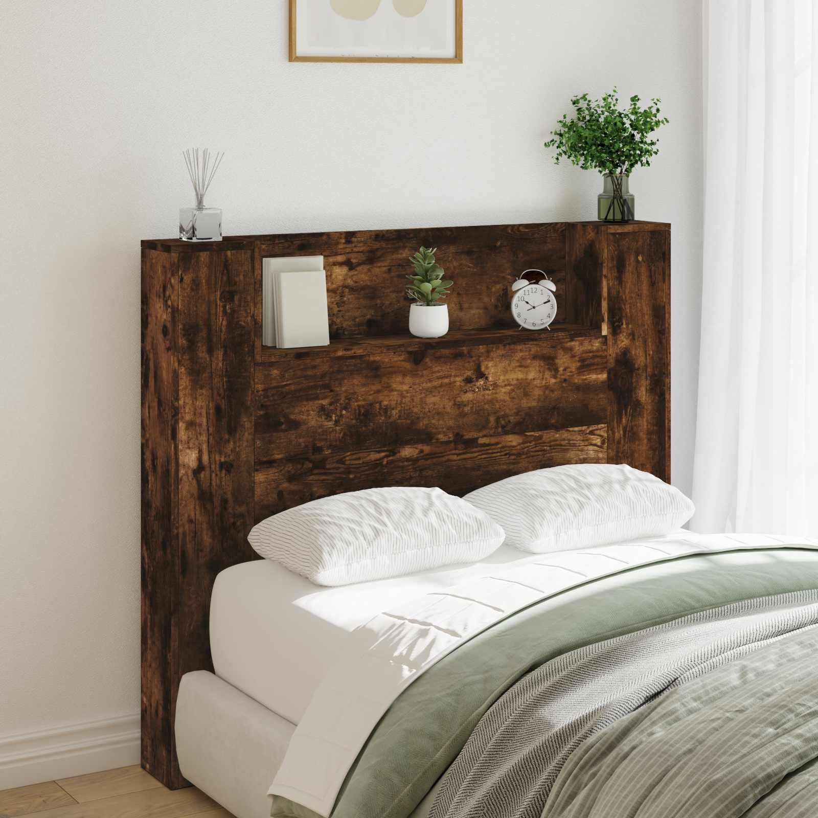 Walplus Wood LED Storage Headboard - Dark Oak - 120 x 16.5 x 103.5 cm