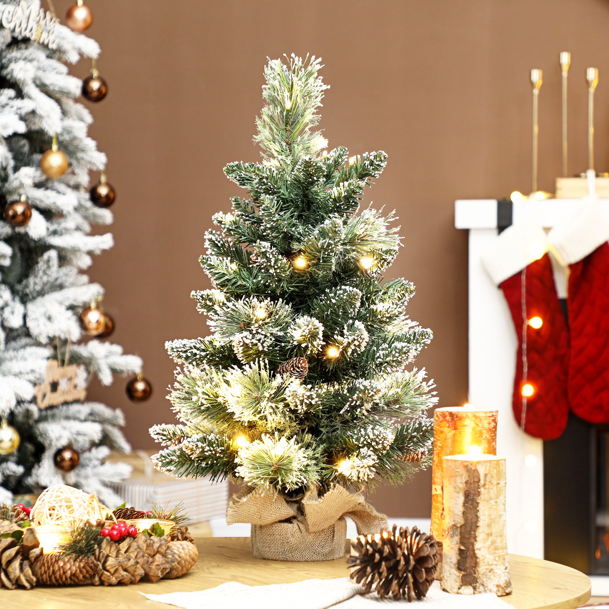 HOMCOM 60cm Snow Flocked Christmas Tree with 35 LEDs - Green