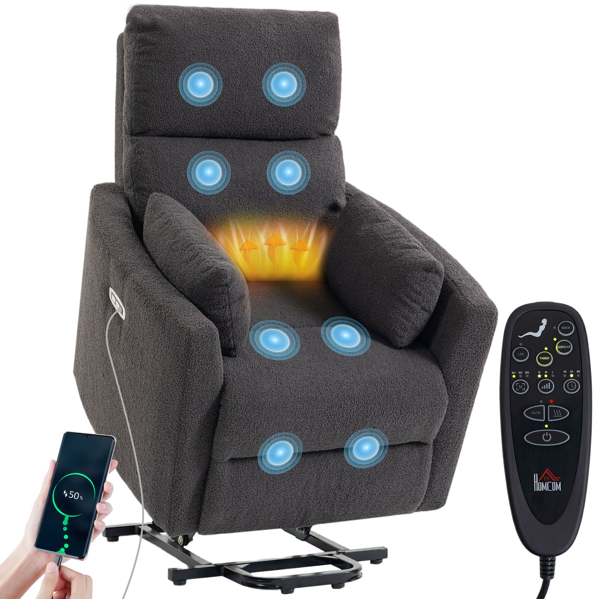 HOMCOM Teddy Fleece Riser Recliner Chair with Vibration Massage - Dark Grey
