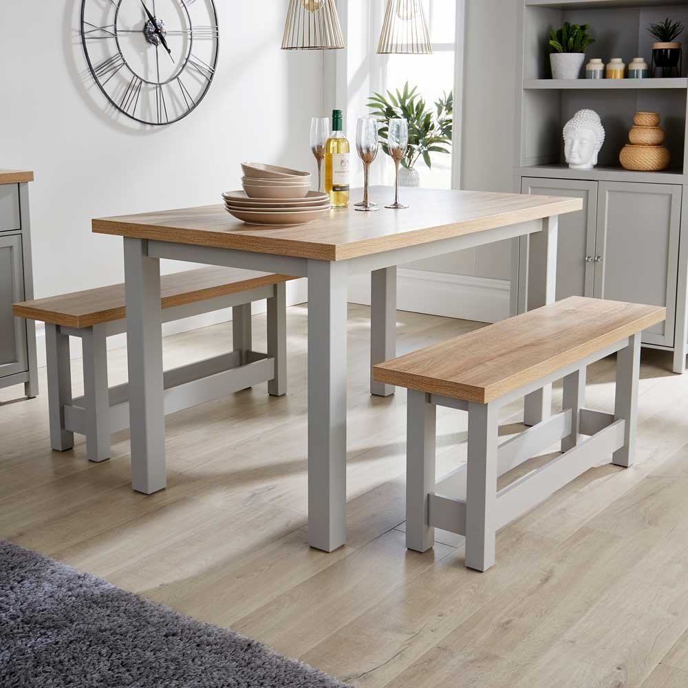 Home Source Avon 3 Piece Table and Bench Dining Set - Grey