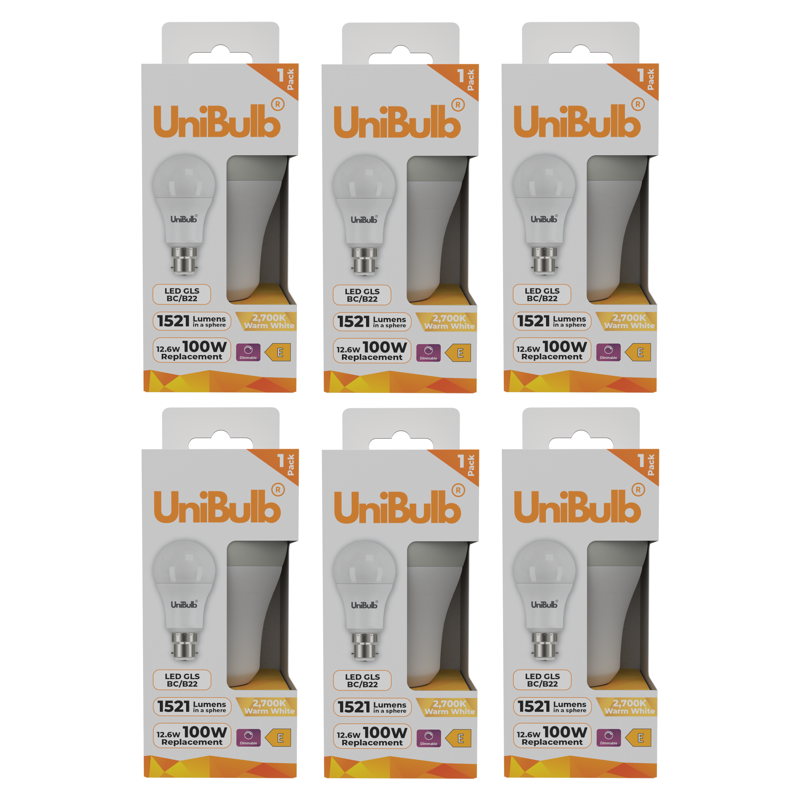 UniBulb 12.6W LED Warm White Dimmable GLS B22 Light Bulb - Pack of 6