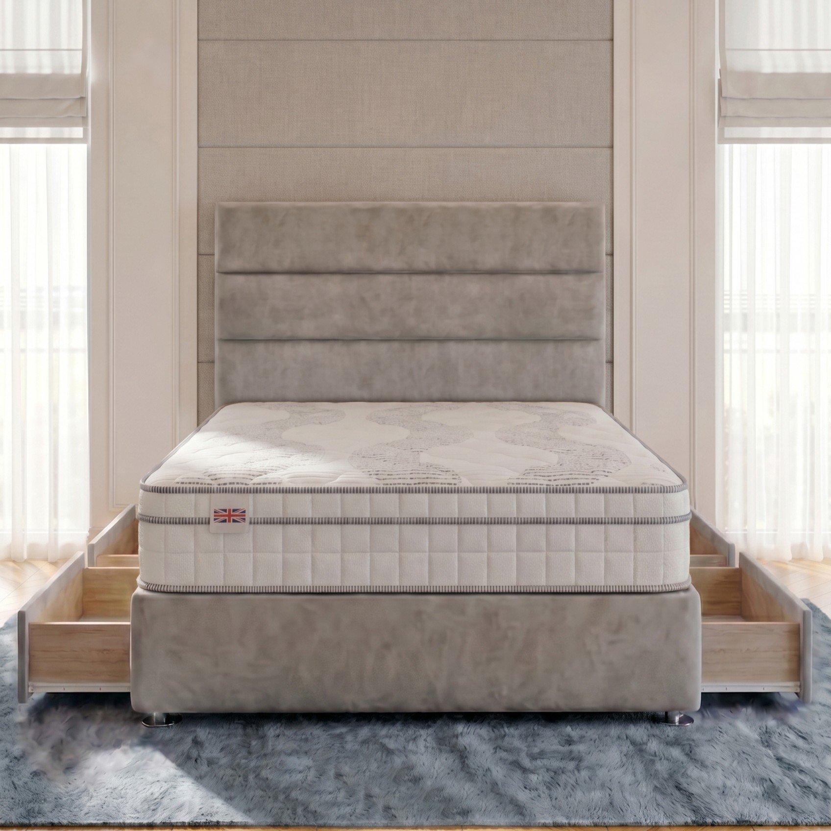 Somnior Regent Velvet Double 4 Drawer Pocket Mattress Divan Bed Set - Silver