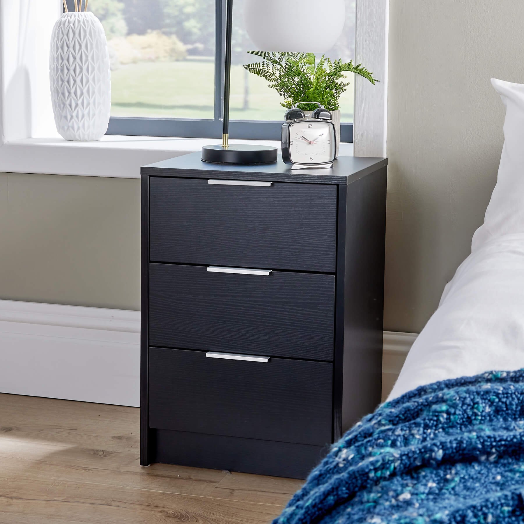 Home Source Phoenix 3 Drawer Bedside Table - Black
