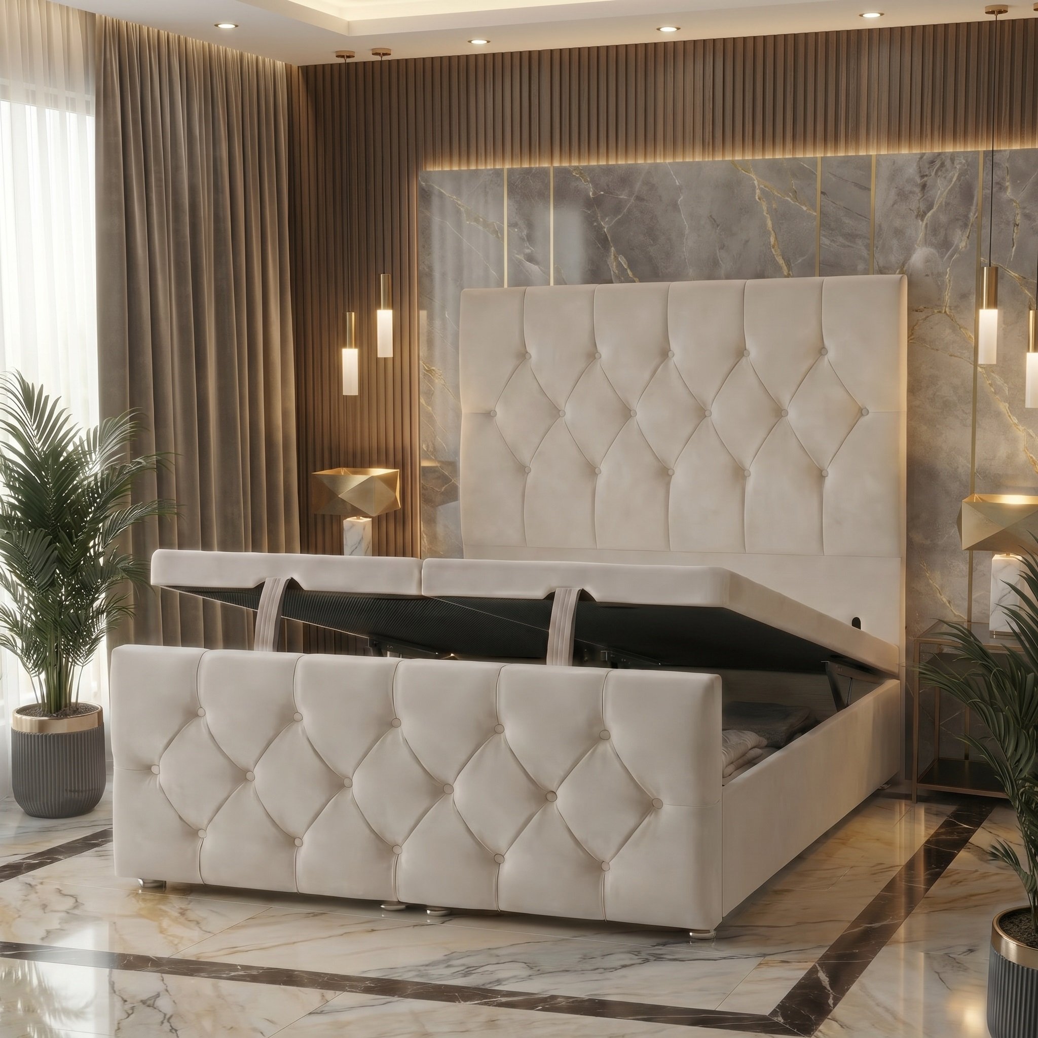 Somnior Chester Velvet Double Ottoman Divan Bed with Footboard - Ivory