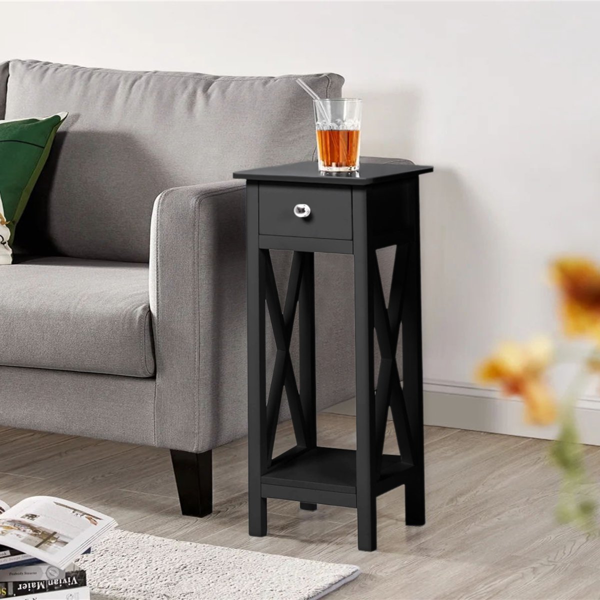 Living and Home Slim Console Table with One Drawer - Black