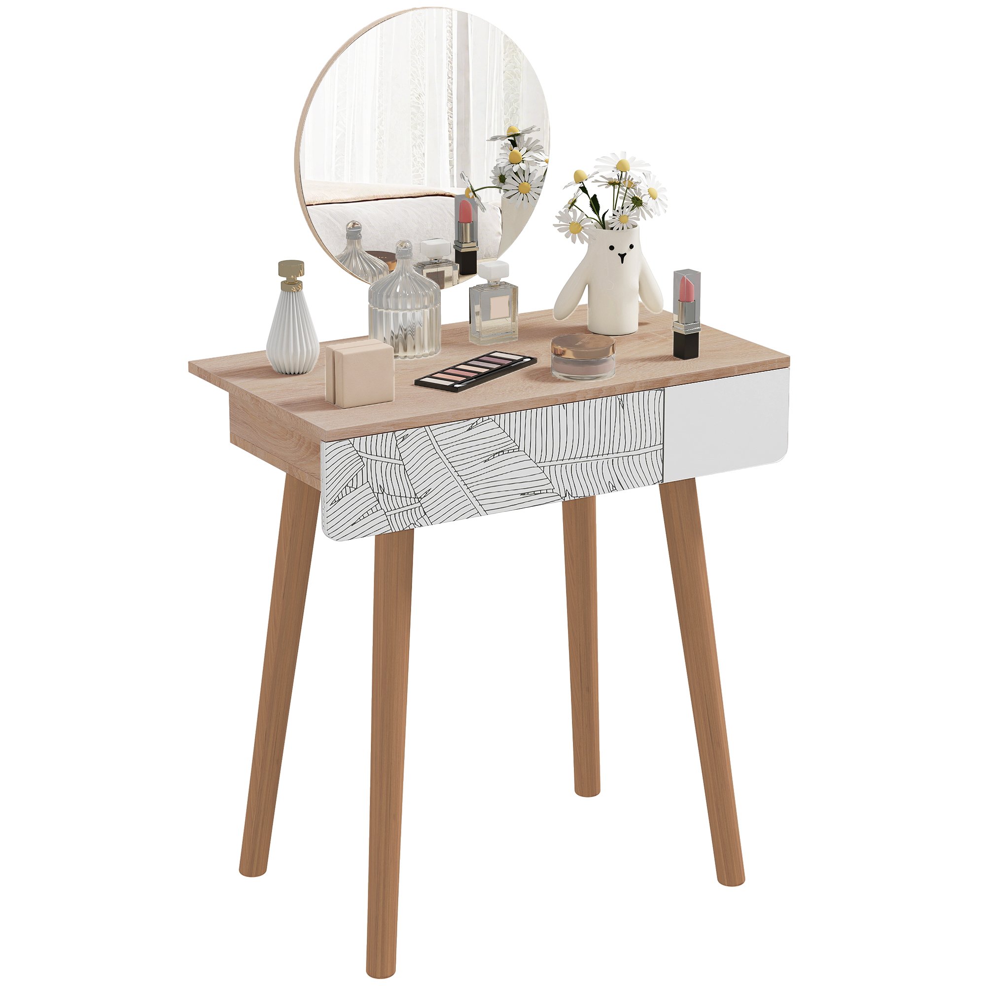 HOMCOM Wooden adjustable height Dressing Table with Drawer and Mirror - Oak