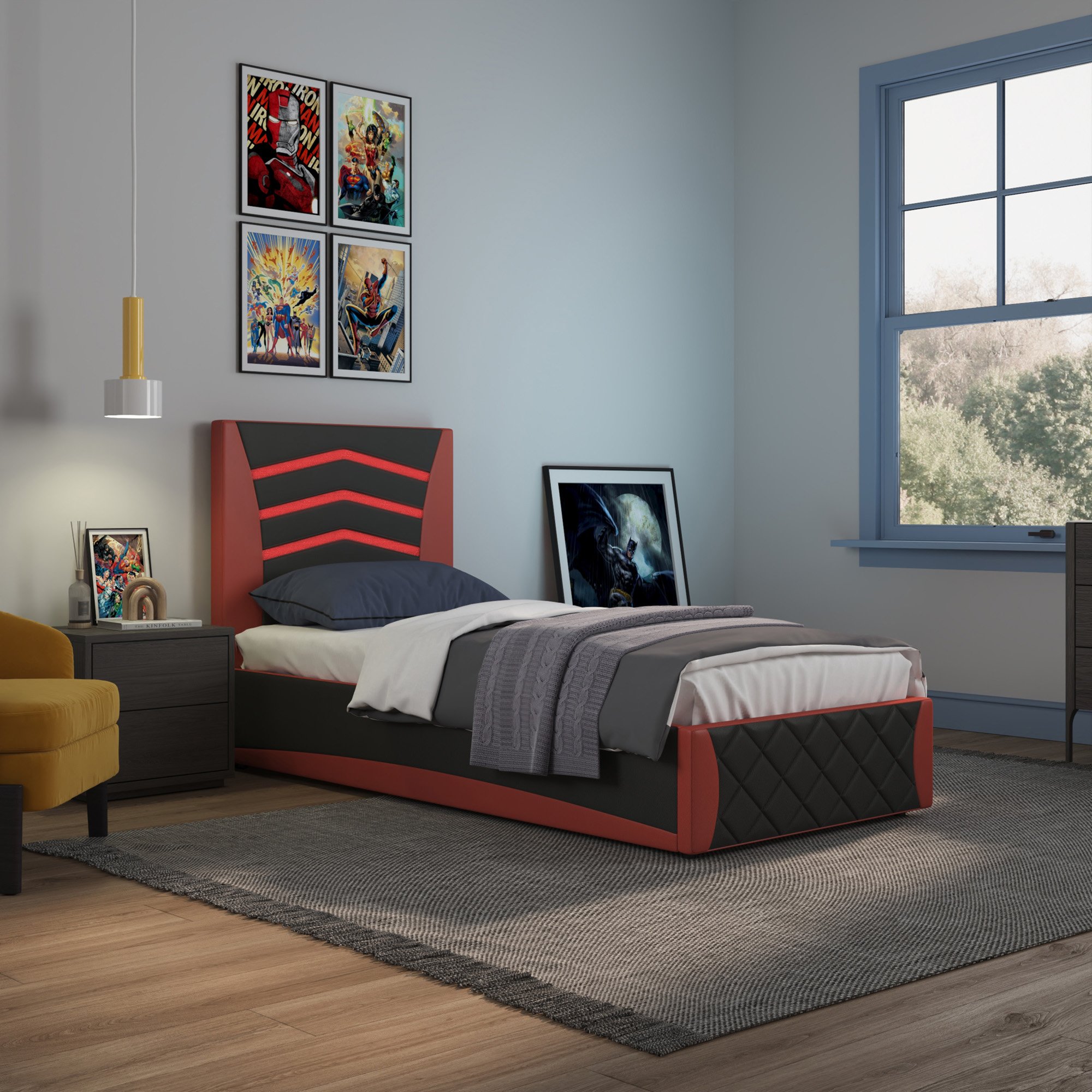 Slumberworks Galaxy Ottoman LED Single Bed Frame with Mattress - Black & Red
