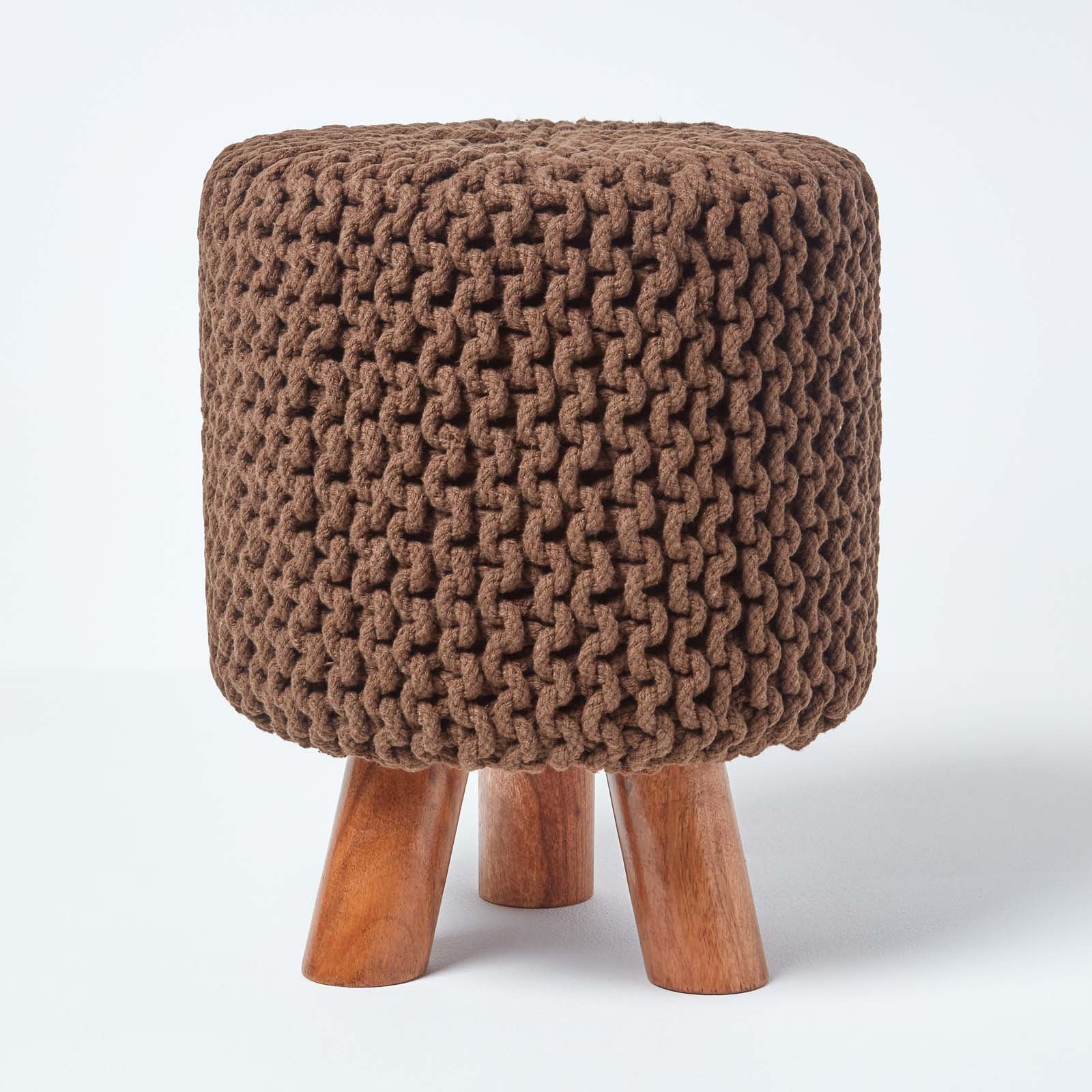 Homescapes Tall Cotton Knitted Footstool with Legs – Chocolate Brown
