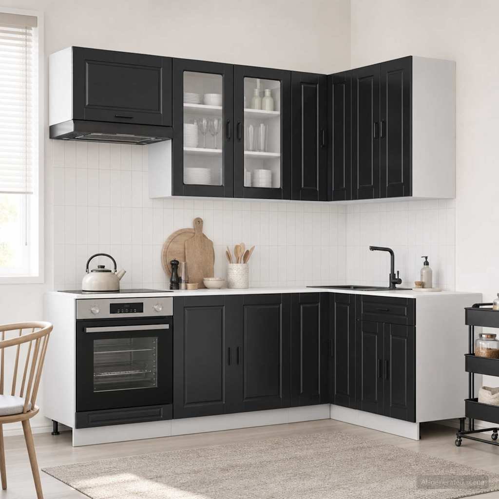 Walplus 8 Piece Engineered Wood Kitchen Unit Set - Black