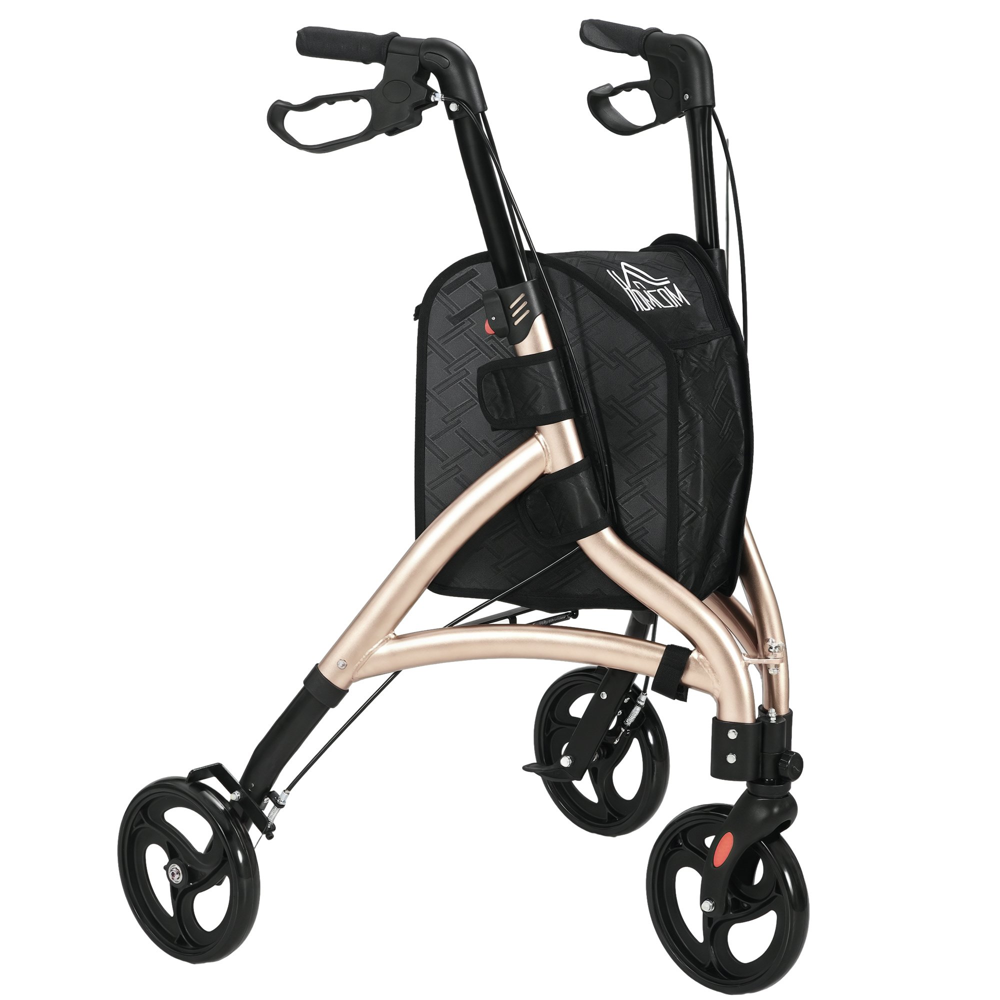 HOMCOM 3 Wheel Rollator Walker with Adjustable Handle and Storage Bag - Gold