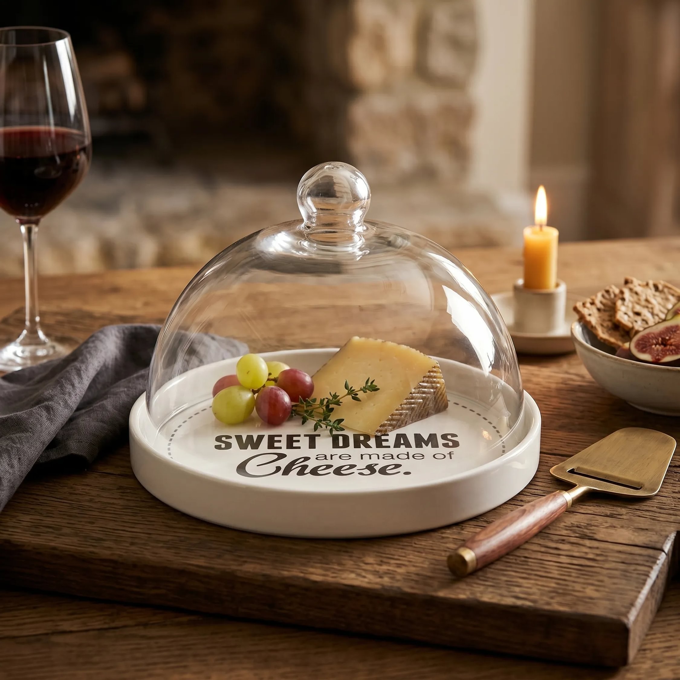 Orsina Pun And Games Cheese Board With Glass Dome - White