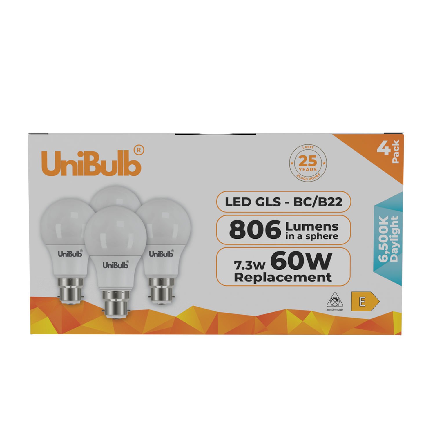 UniBulb 7.3W LED Daylight GLS B22 Light Bulb - 4 Pack