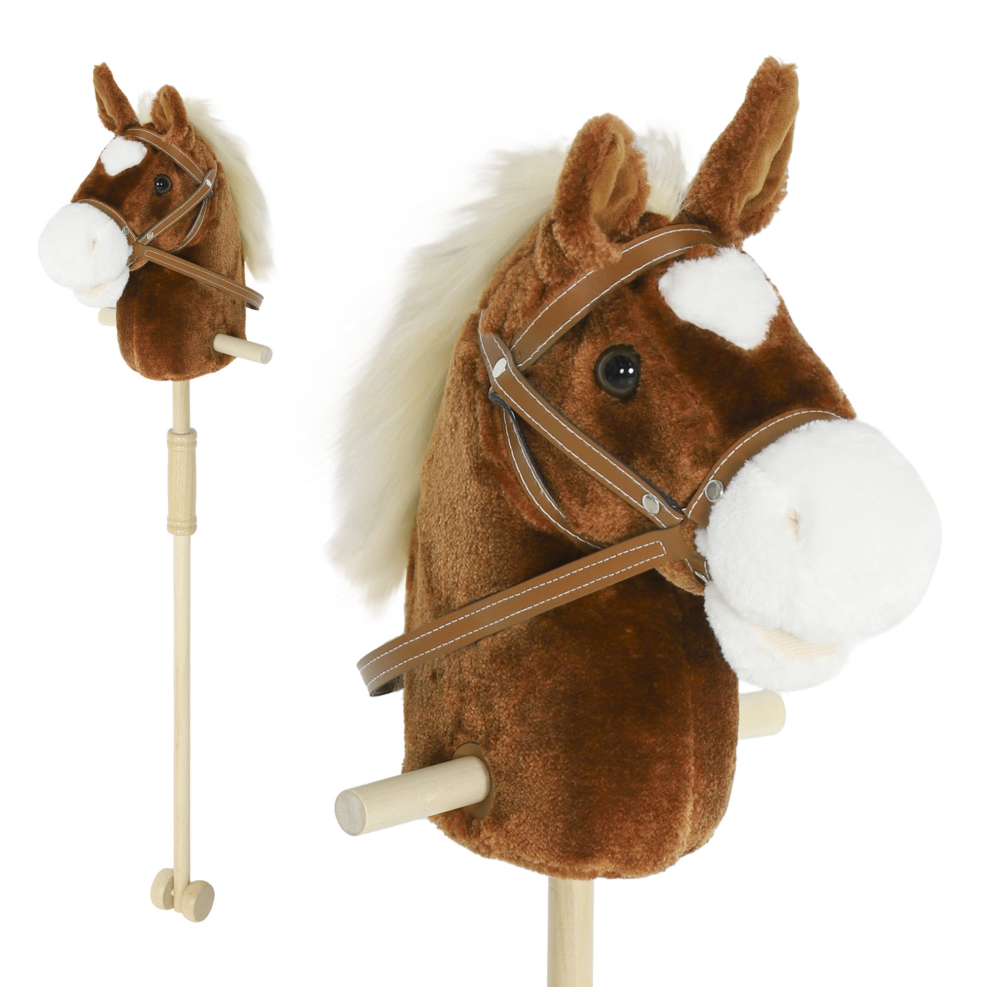 AIYAPLAY Wooden Stick Horse with Wheels Sounds and Grip Handle - Brown