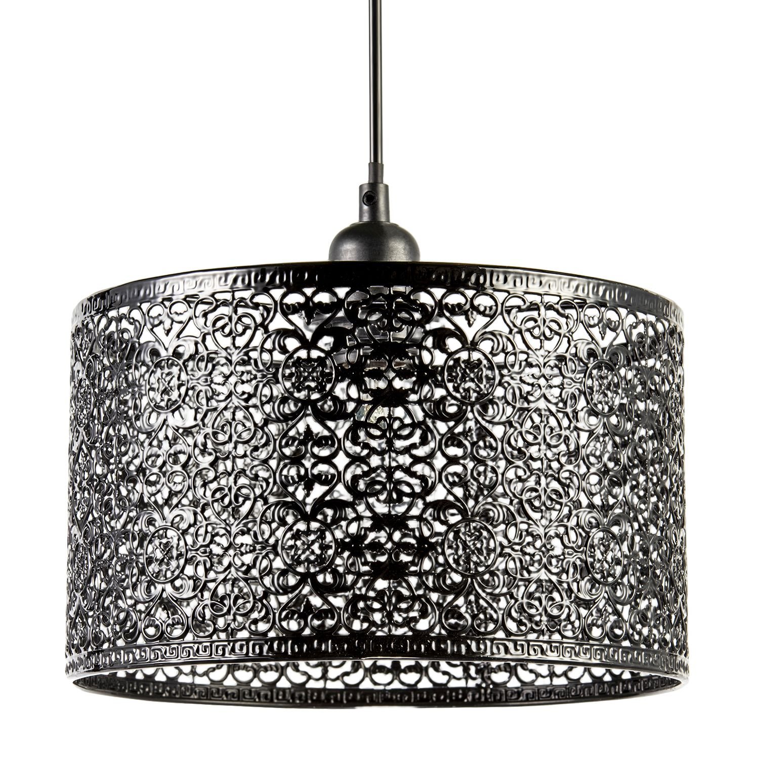 Happy Homewares Black Ornate Moroccan Decorated Metal Pendant Shade - 25cm