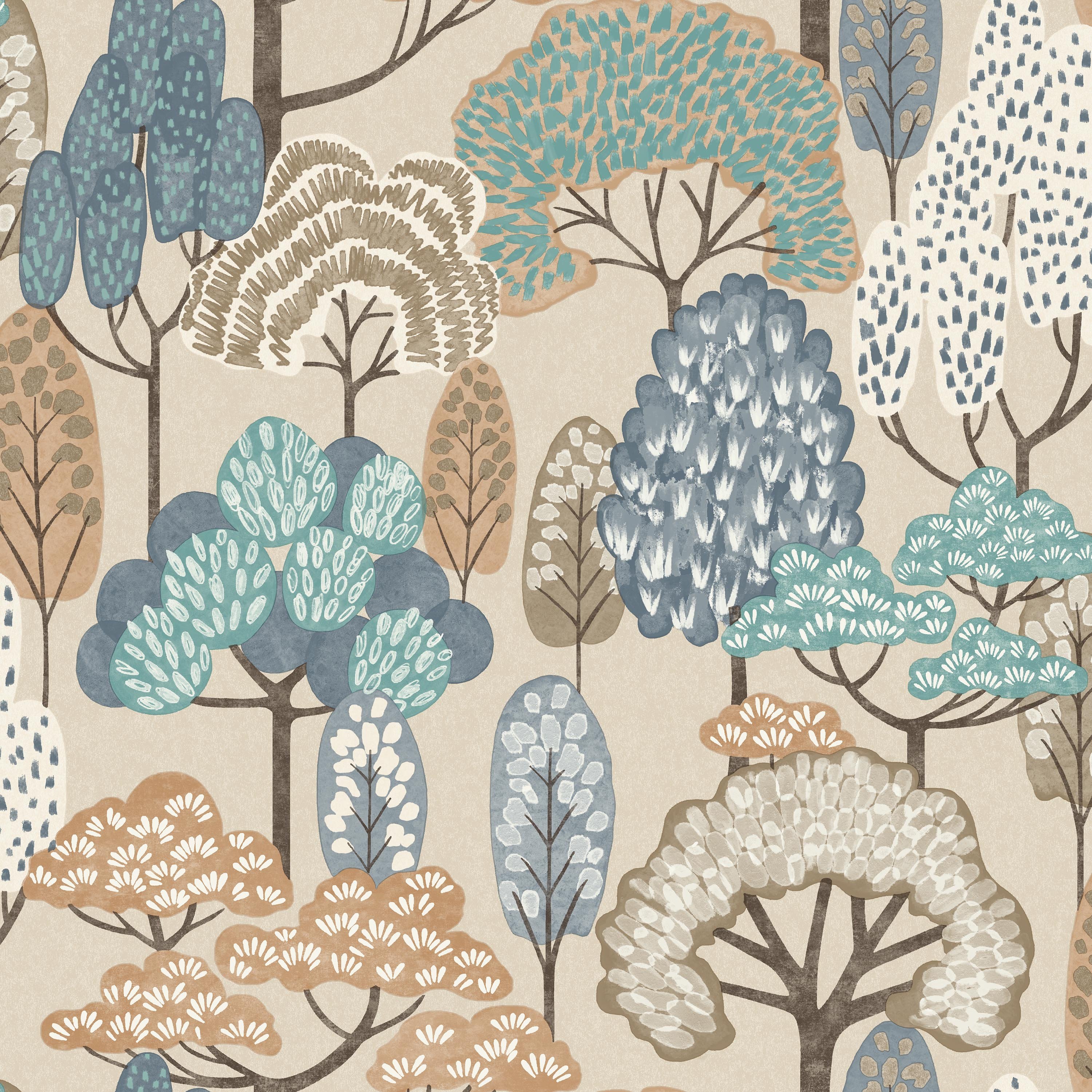Grandeco Happy Trees Brushstroke Nursery Textured Wallpaper - Blue