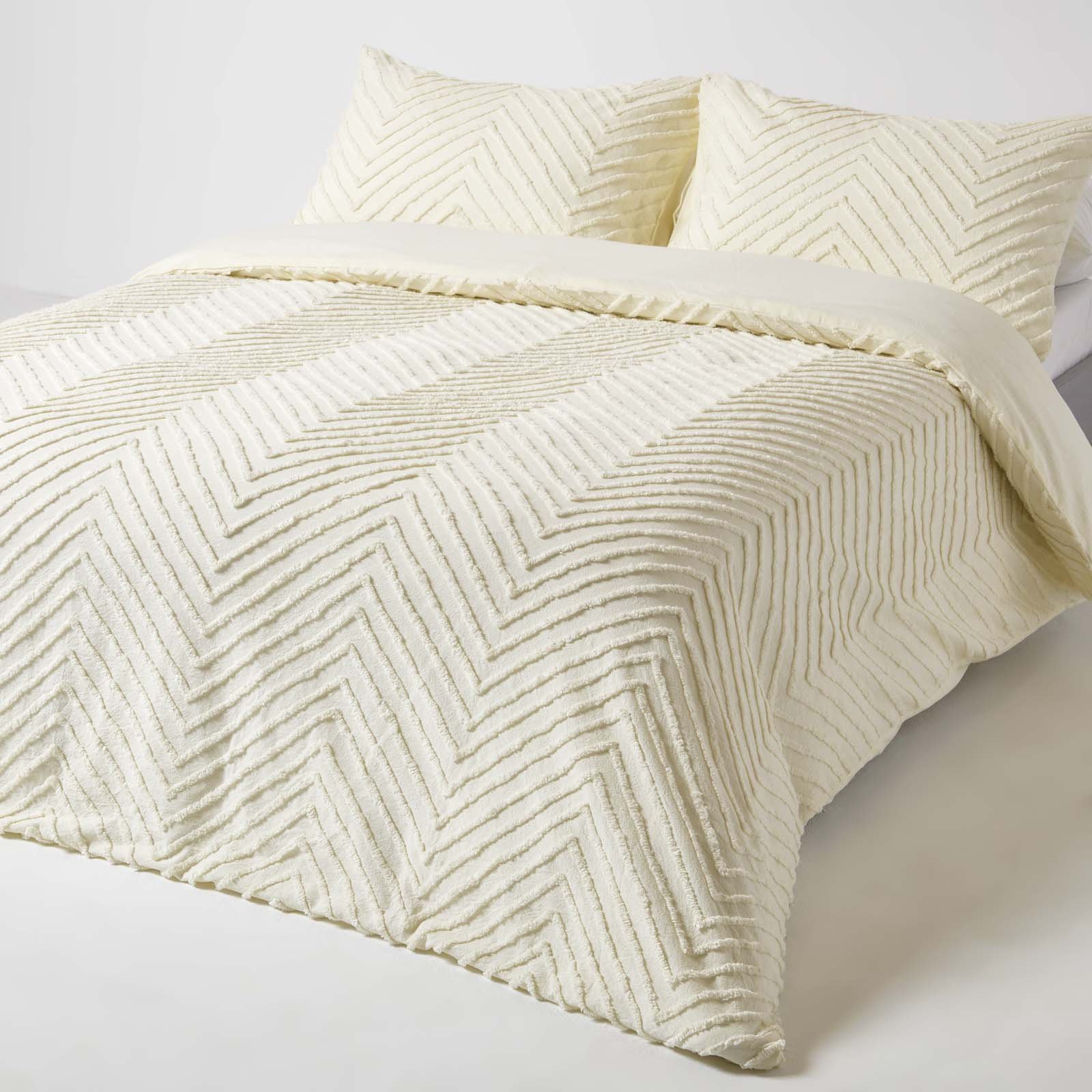 Homescapes Tufted Cotton Chevron Duvet Cover Set King - Off White