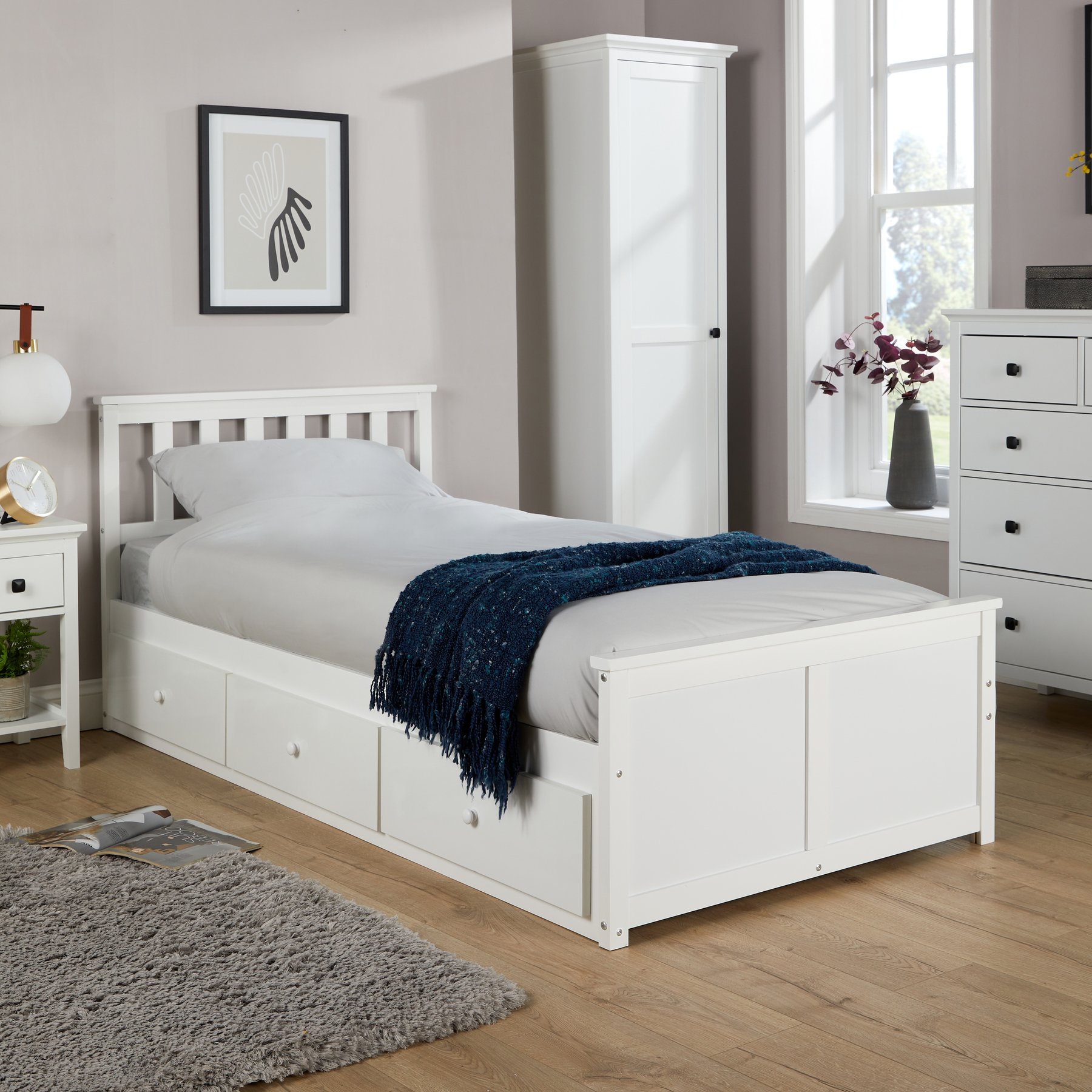 Home Source Florida Single Bed with 3 Drawers - White